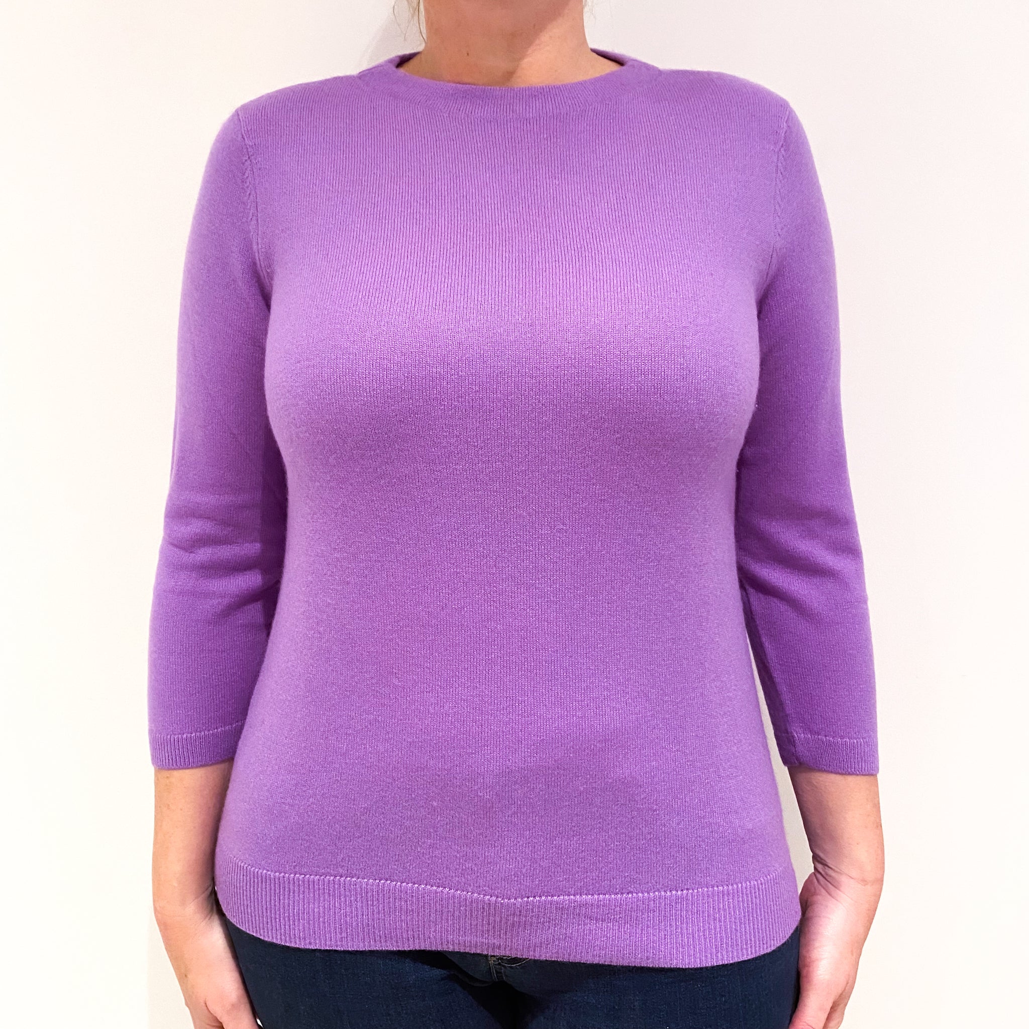 Lavender Purple 3/4 Sleeved Cashmere Slash Neck Jumper Large