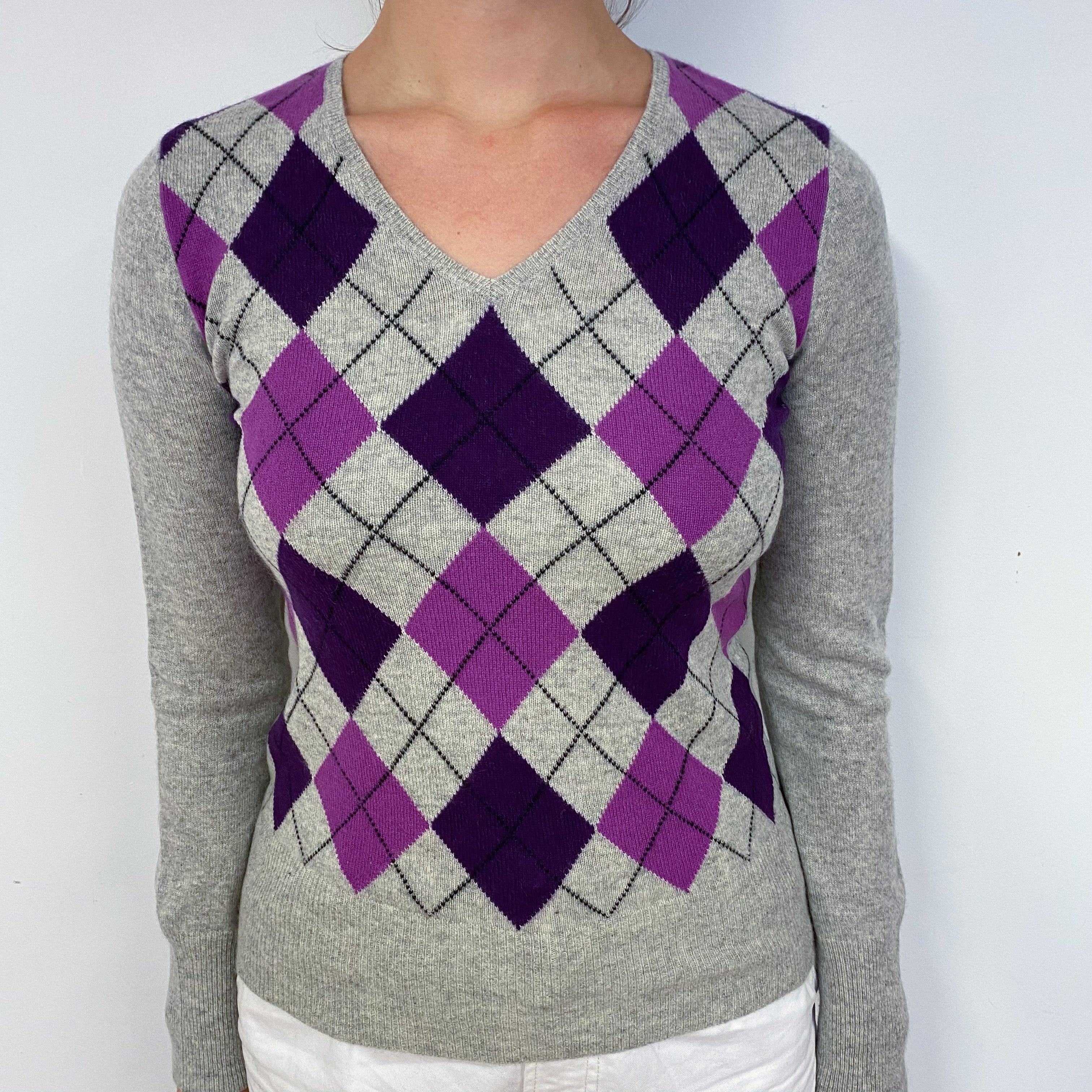 Grey and Purple Diamond V Neck Cashmere Jumper Small