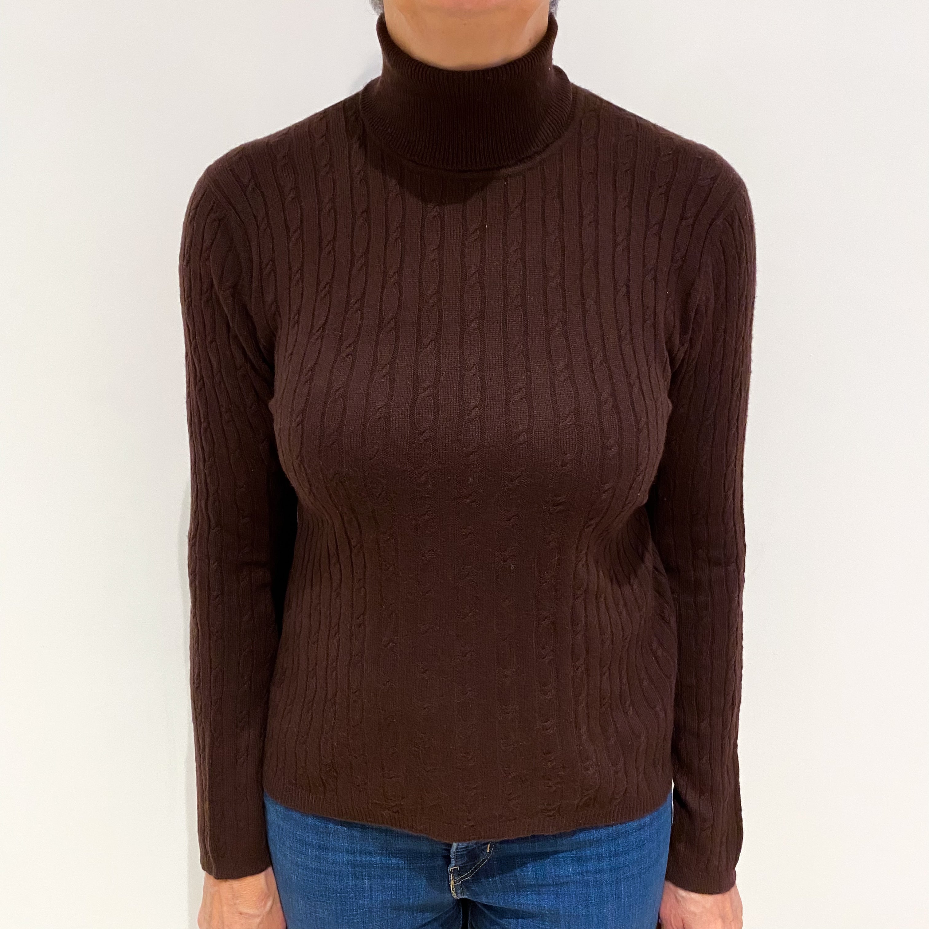 Umber Brown Cable Cashmere Polo Neck Jumper Medium