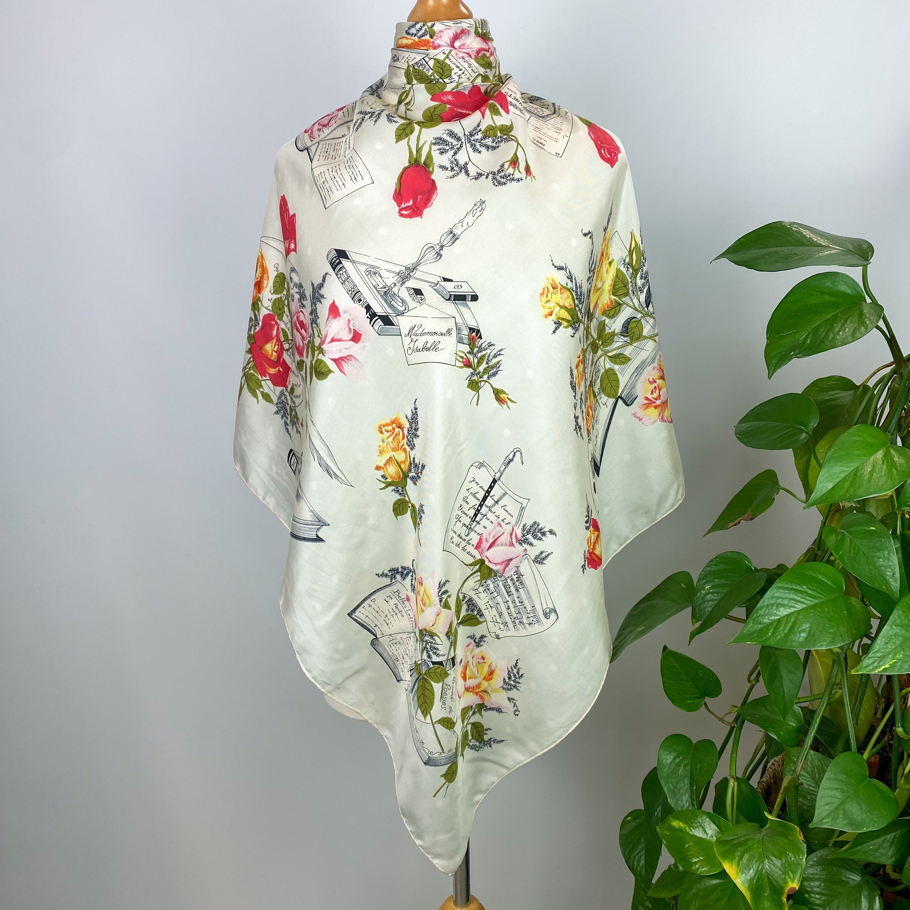 Manuscript and Floral Vintage Silk Scarf