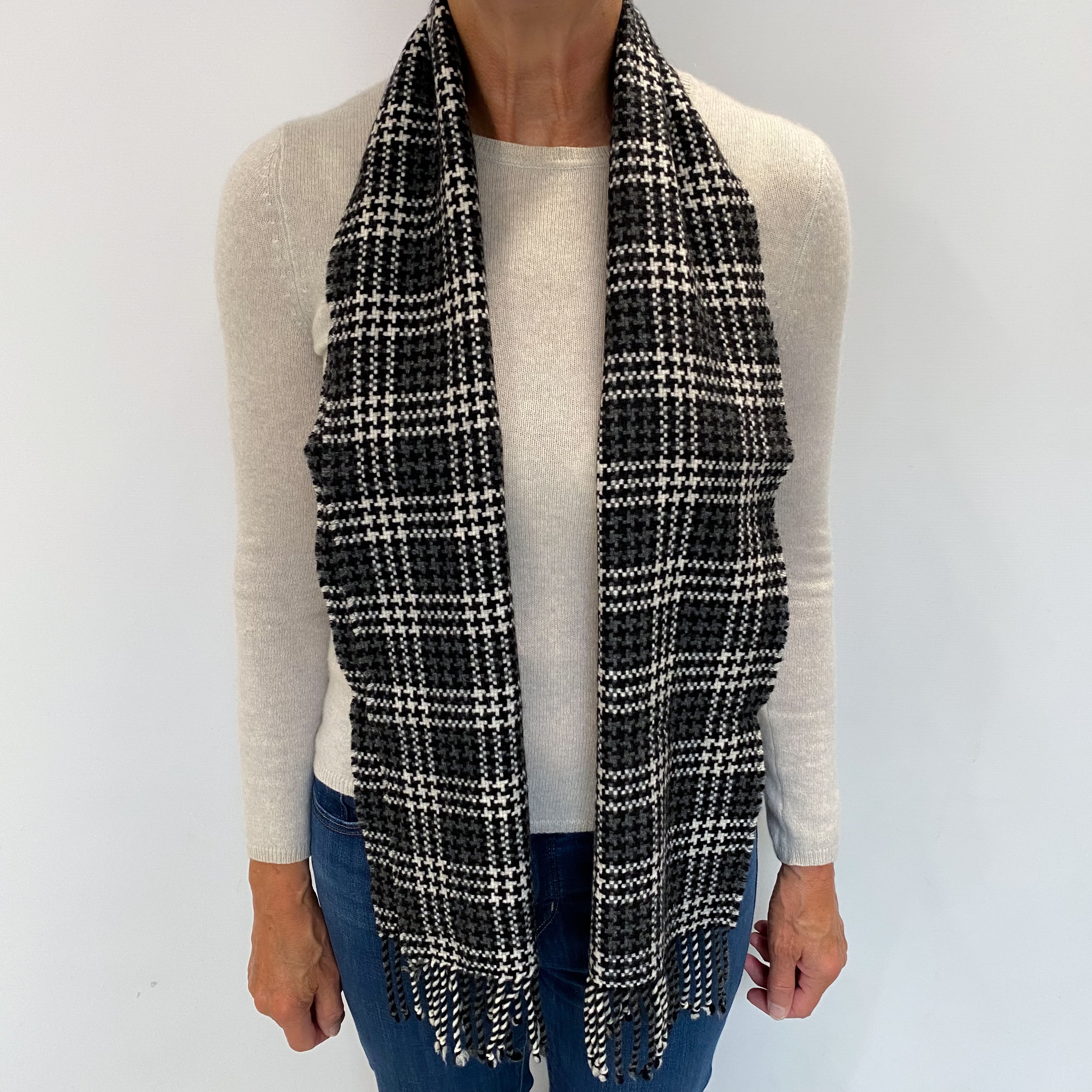 Black and White Checked Cashmere Woven Fringed Scarf