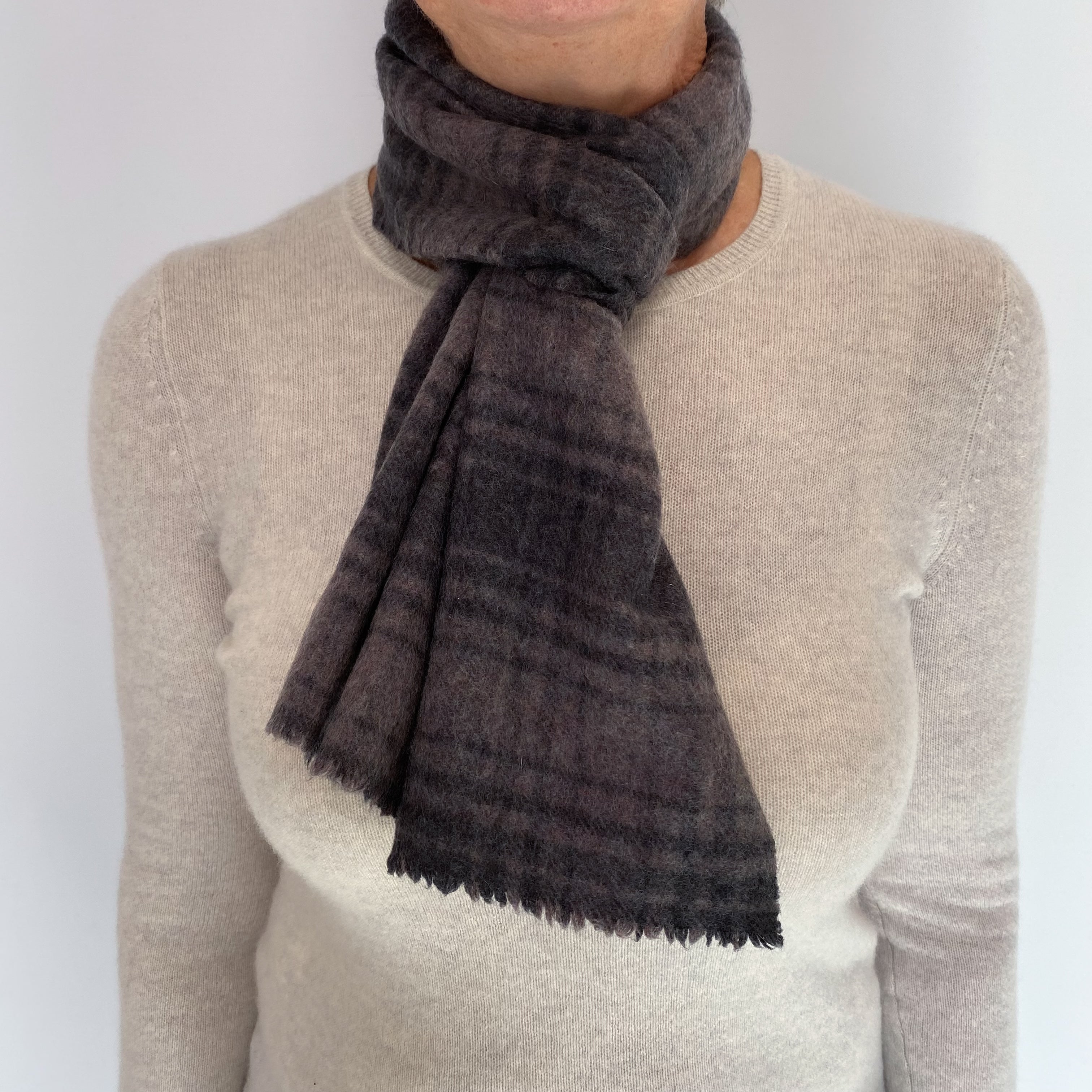 Grey and Blush Brown Checked Cashmere Woven Scarf