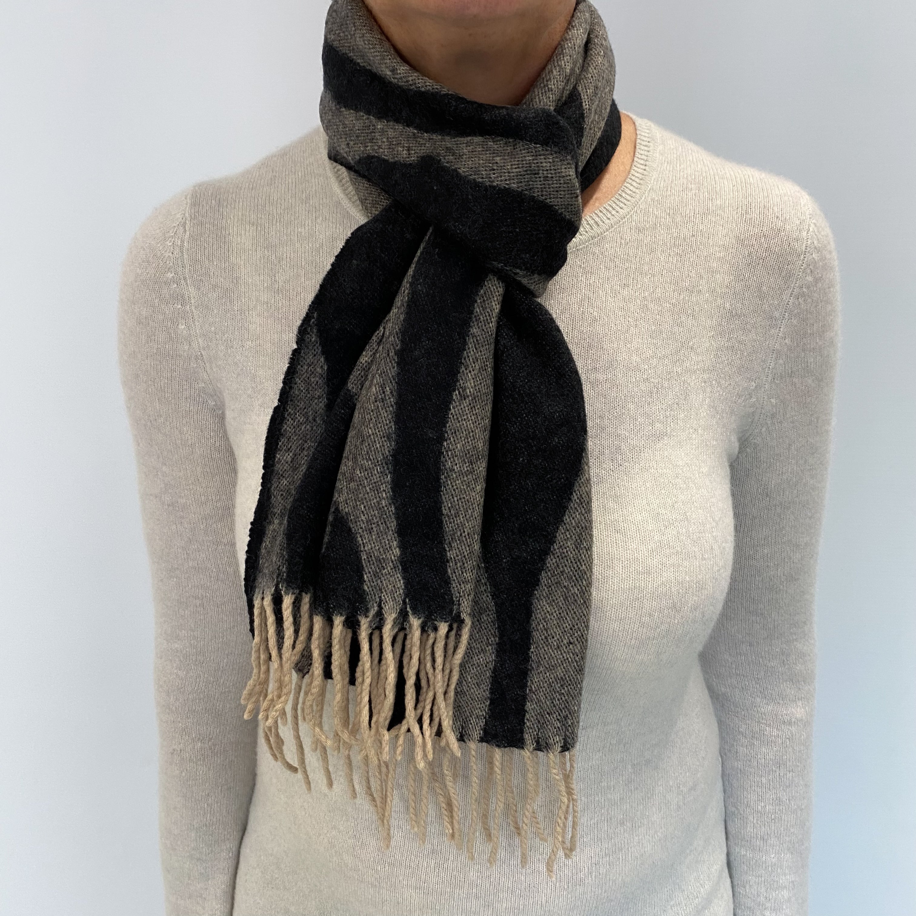 Charcoal and Beige Patterned Cashmere Woven Fringed Scarf