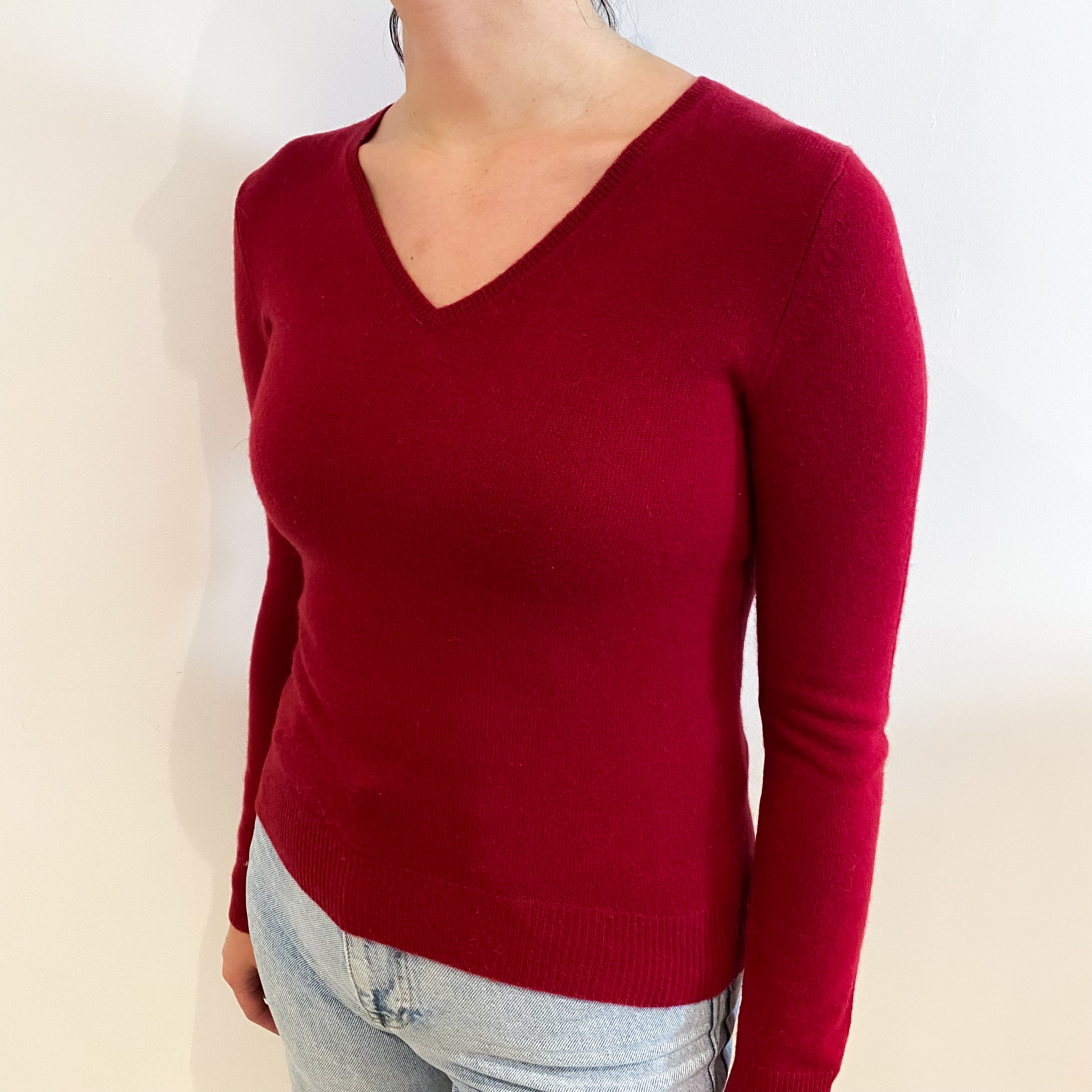 Maroon Red V Neck Cashmere Jumper Small