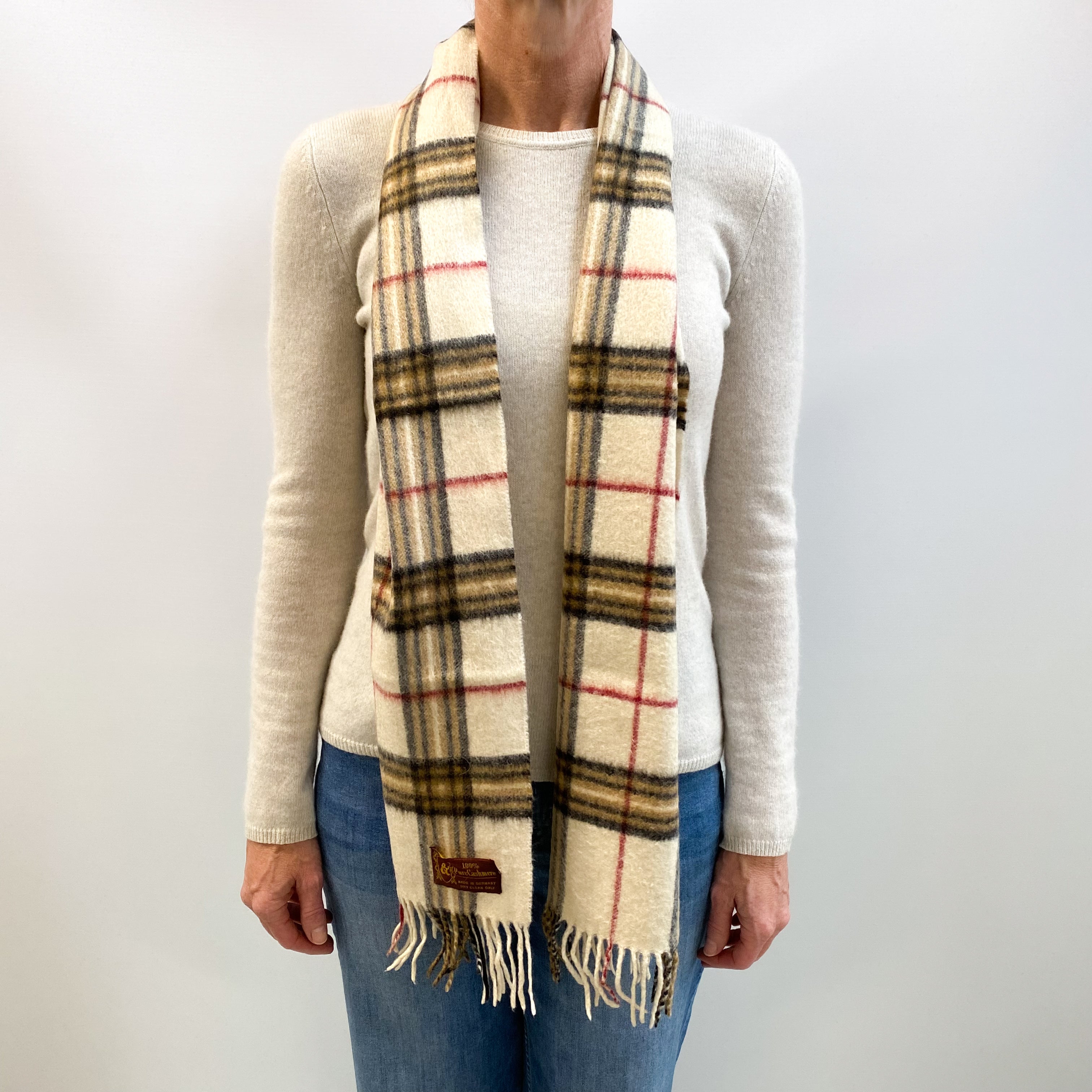 Cream and Camel Checked Fringed Cashmere Woven Scarf