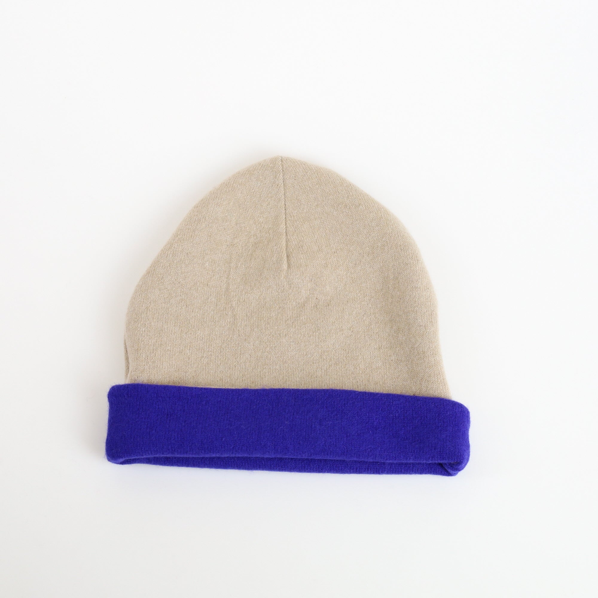 Azure Blue and Biscuit Beige Reversible Cashmere Beanie Hat