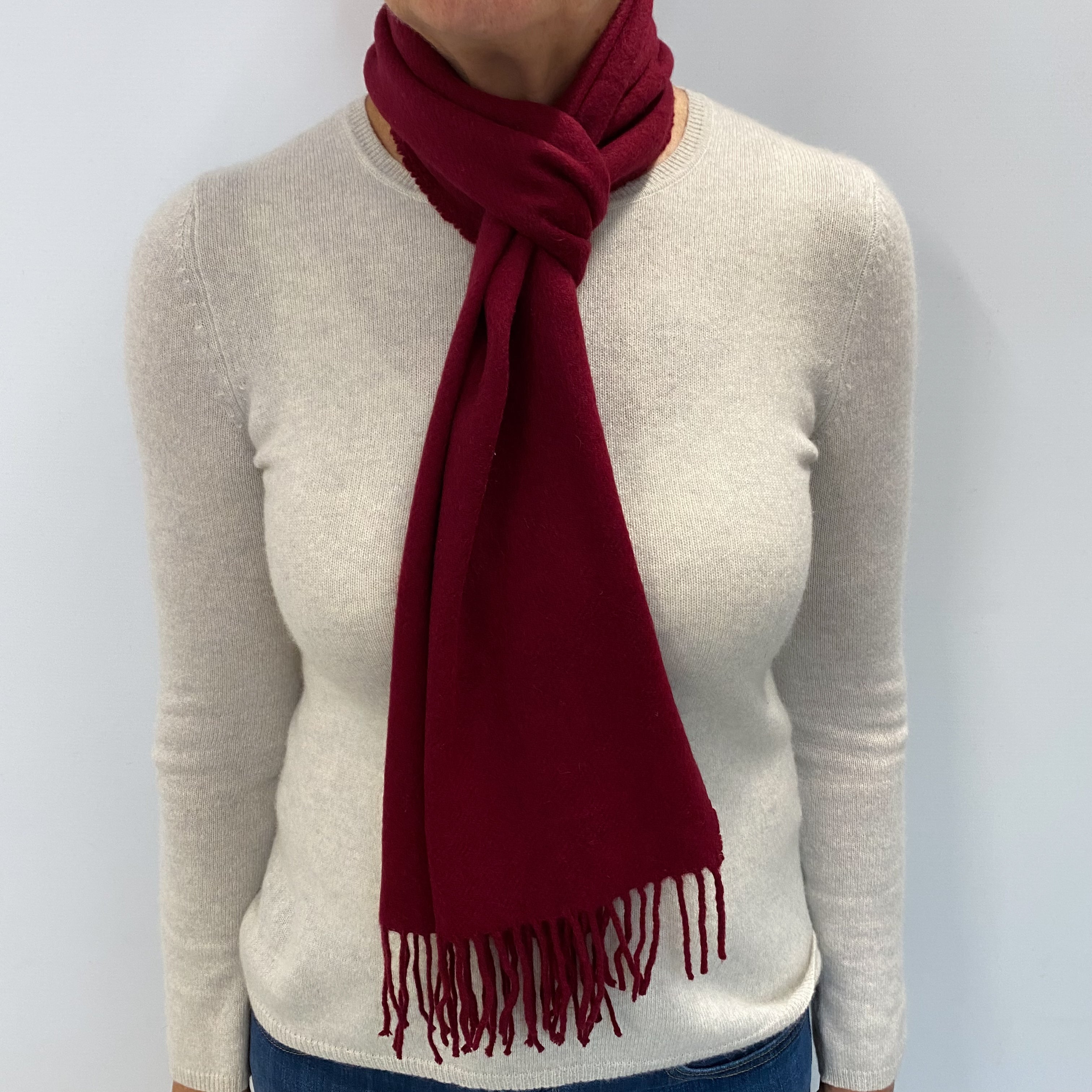 Garnet Red Cashmere Woven Fringed Scarf