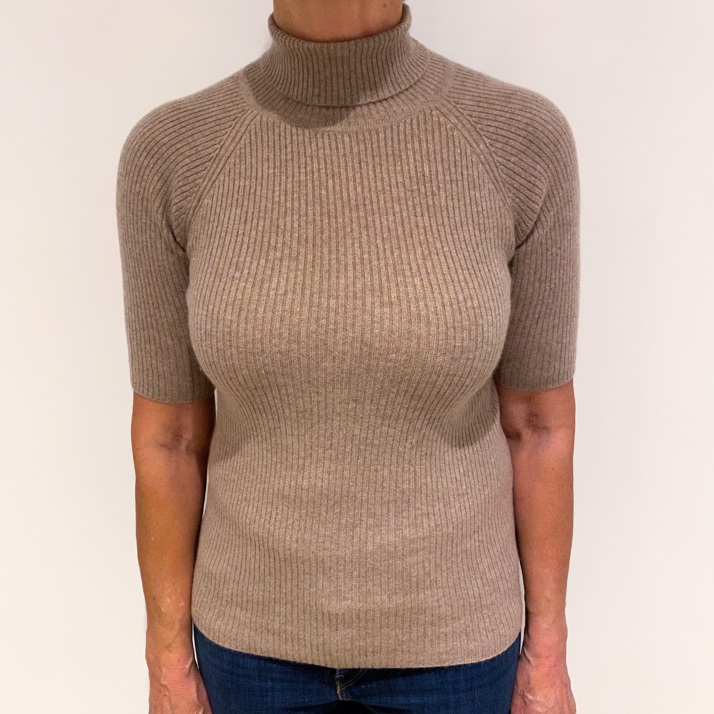 Taupe Brown Cashmere Short Sleeved Skinny Rib Jumper Medium