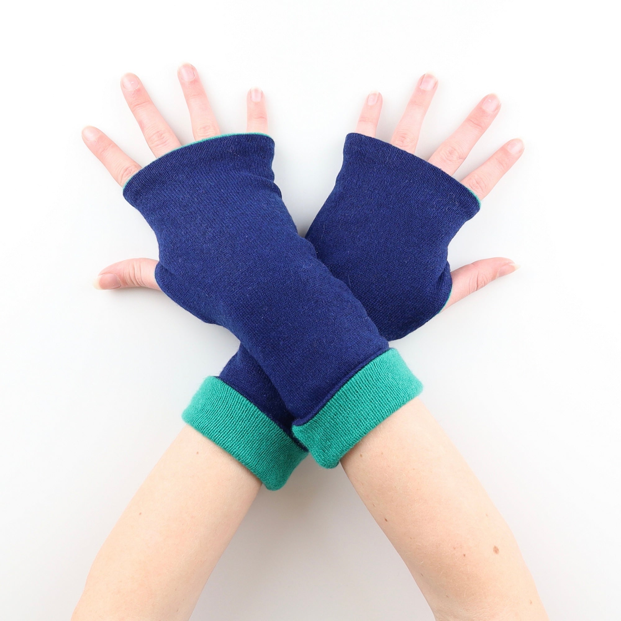 Navy Blue and Green Reversible Cashmere Fingerless Gloves