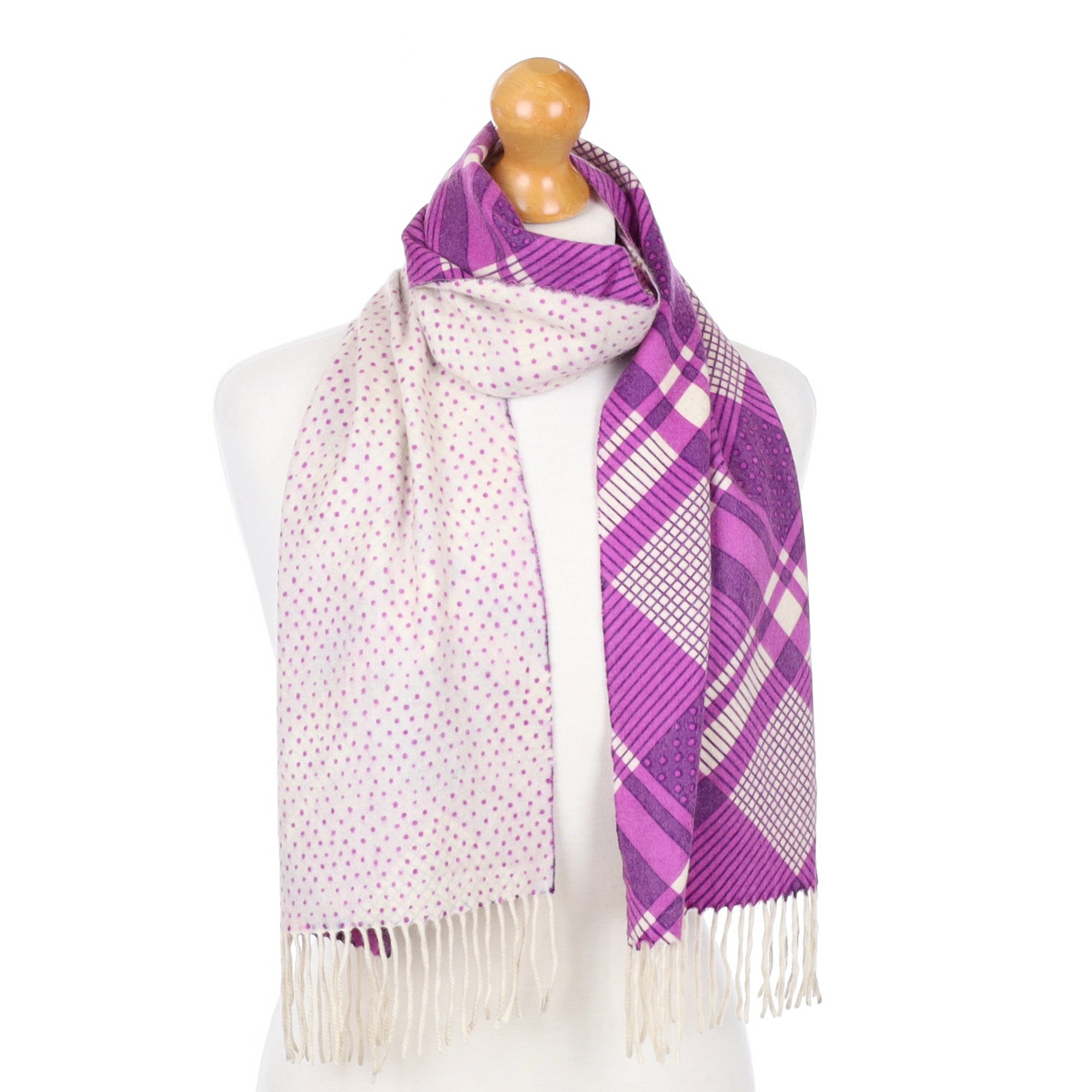 Magenta Purple Patterned Fringed Cashmere Woven Scarf