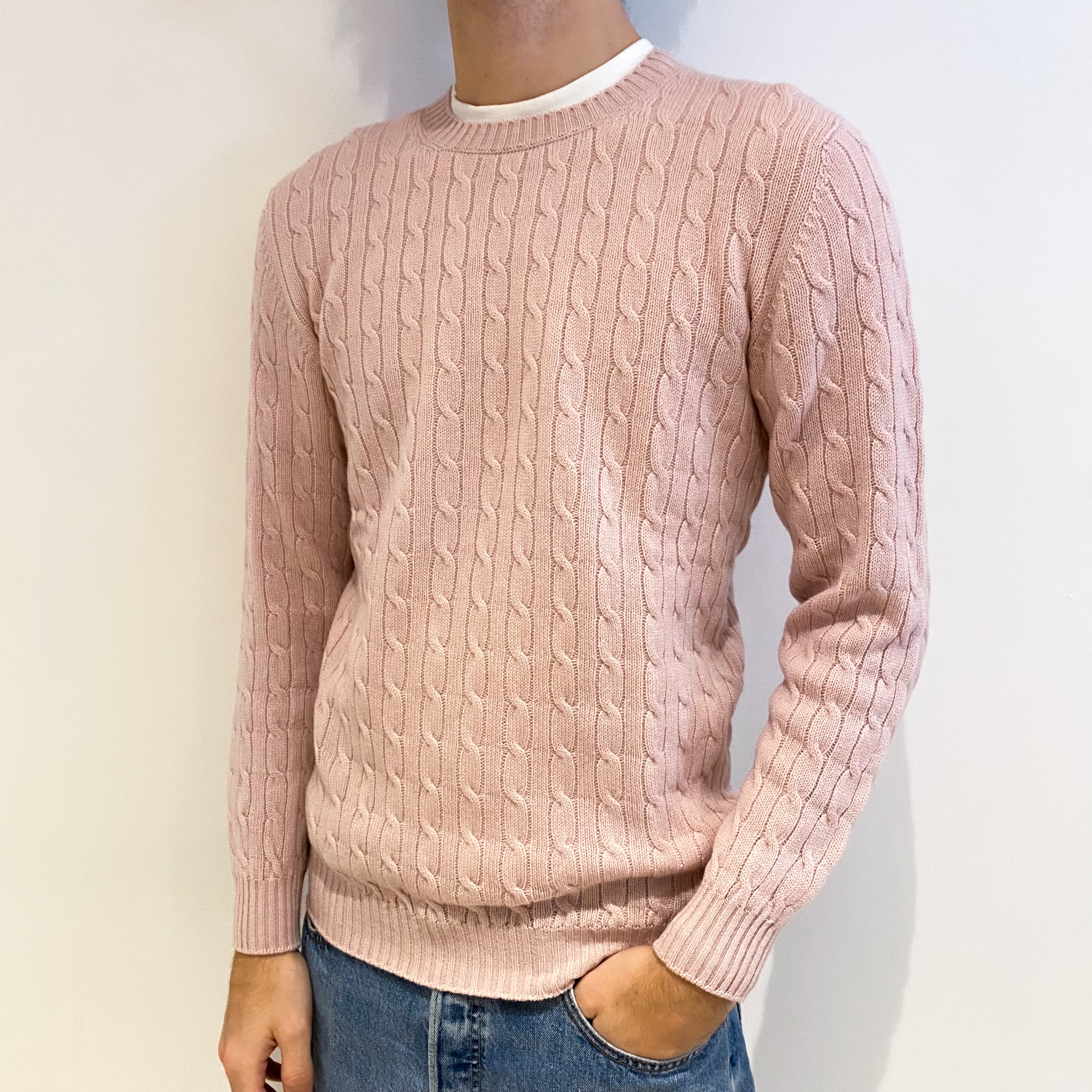 Men’s Brand New Scottish Ice Pink Cable Crew Neck Jumper Large