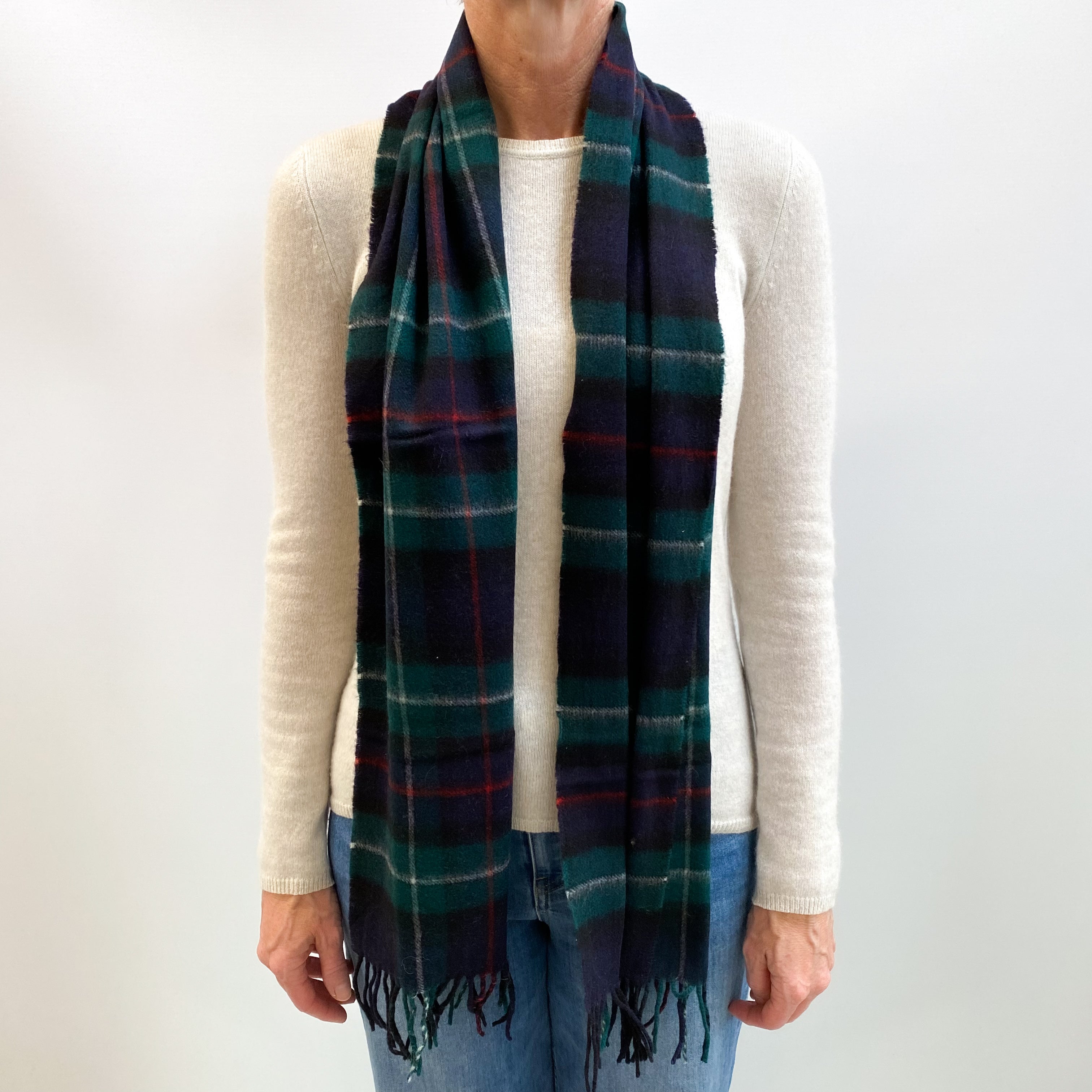 Navy and Green Checked Fringed Cashmere Woven Scarf