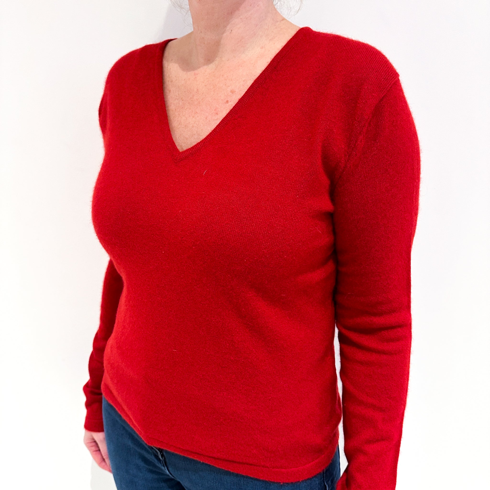 Vermillion Red Cashmere V-Neck Jumper Large