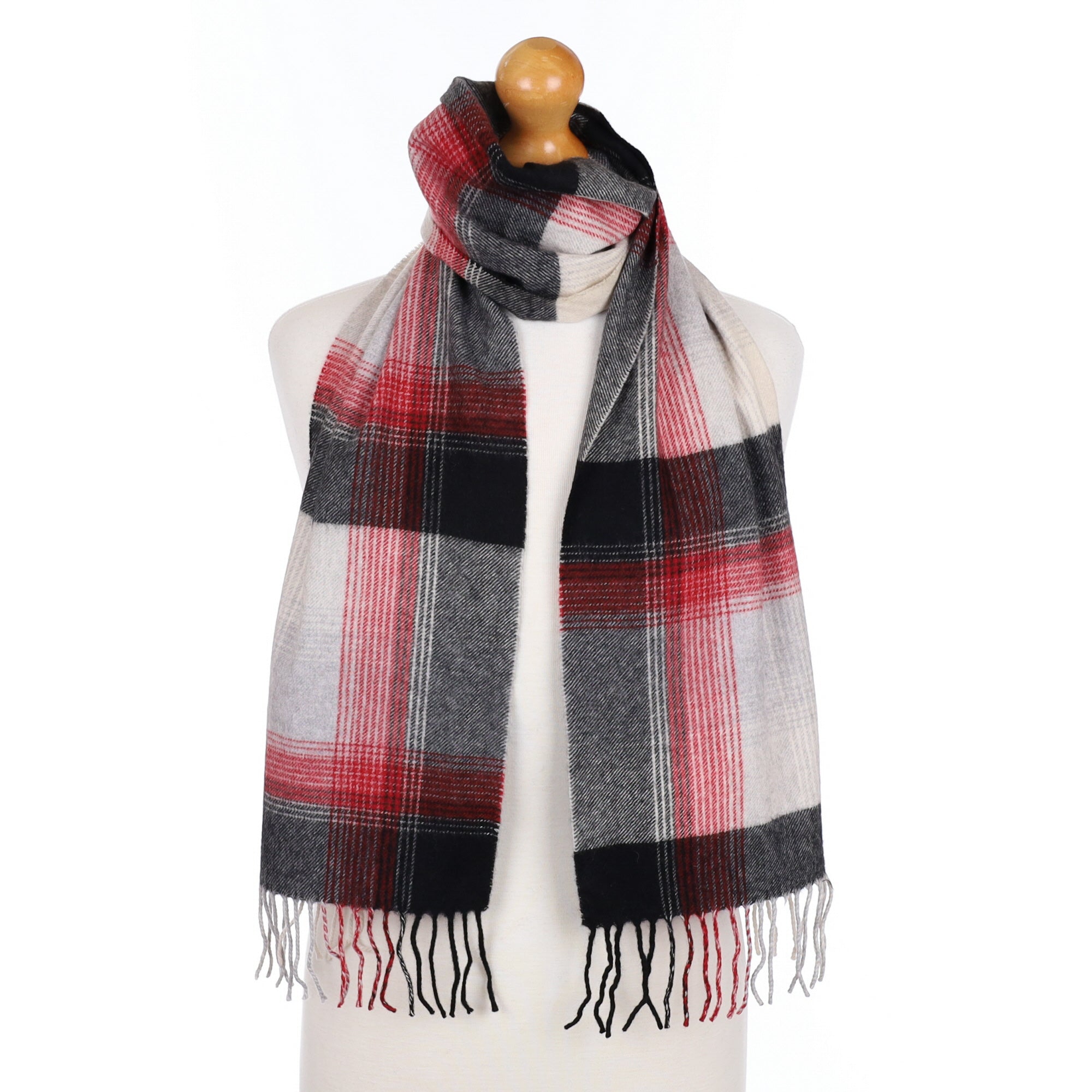 Grey and Red Checked Cashmere Fringed Woven Scarf