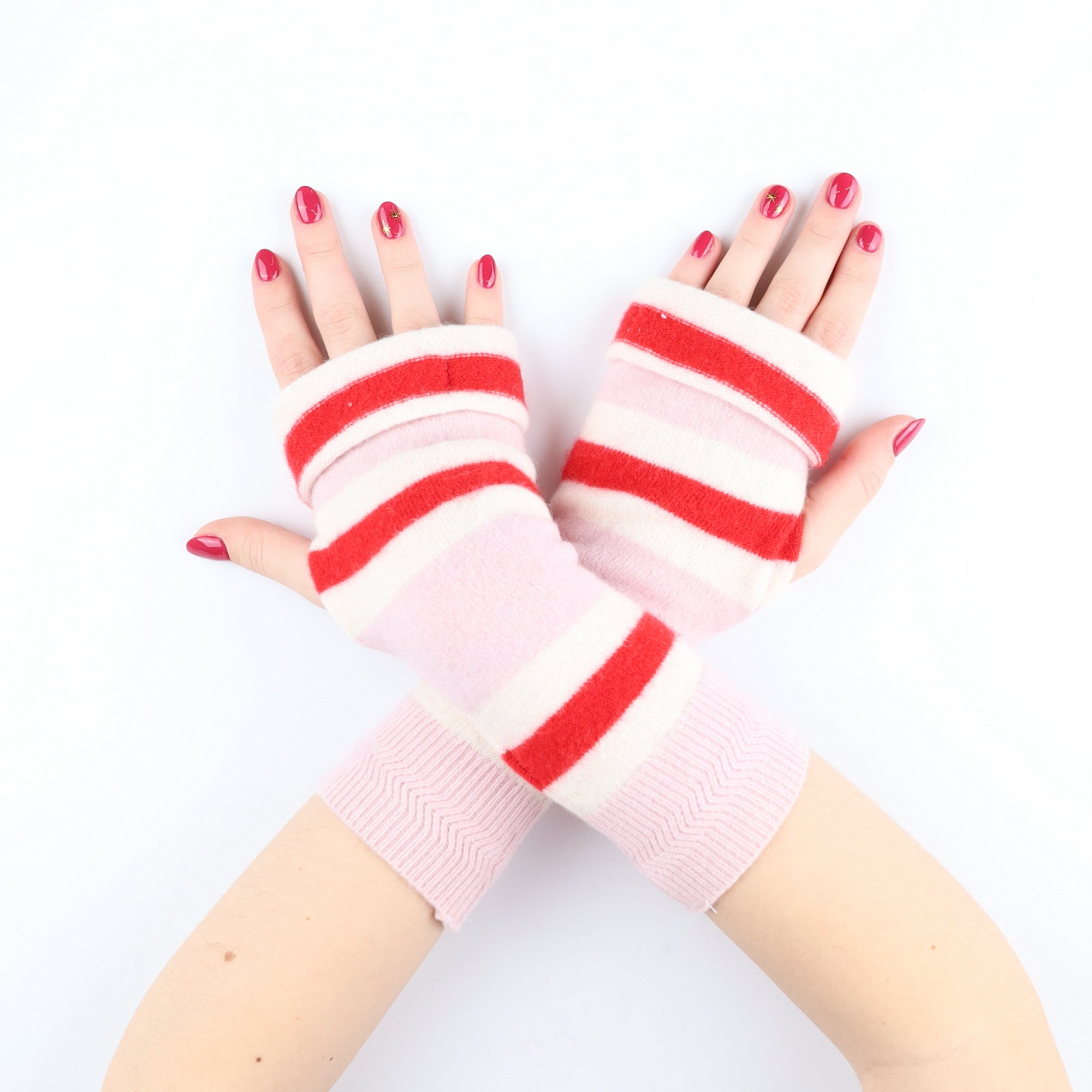 Mauve and Scarlet Red Stripe Fingerless Gloves