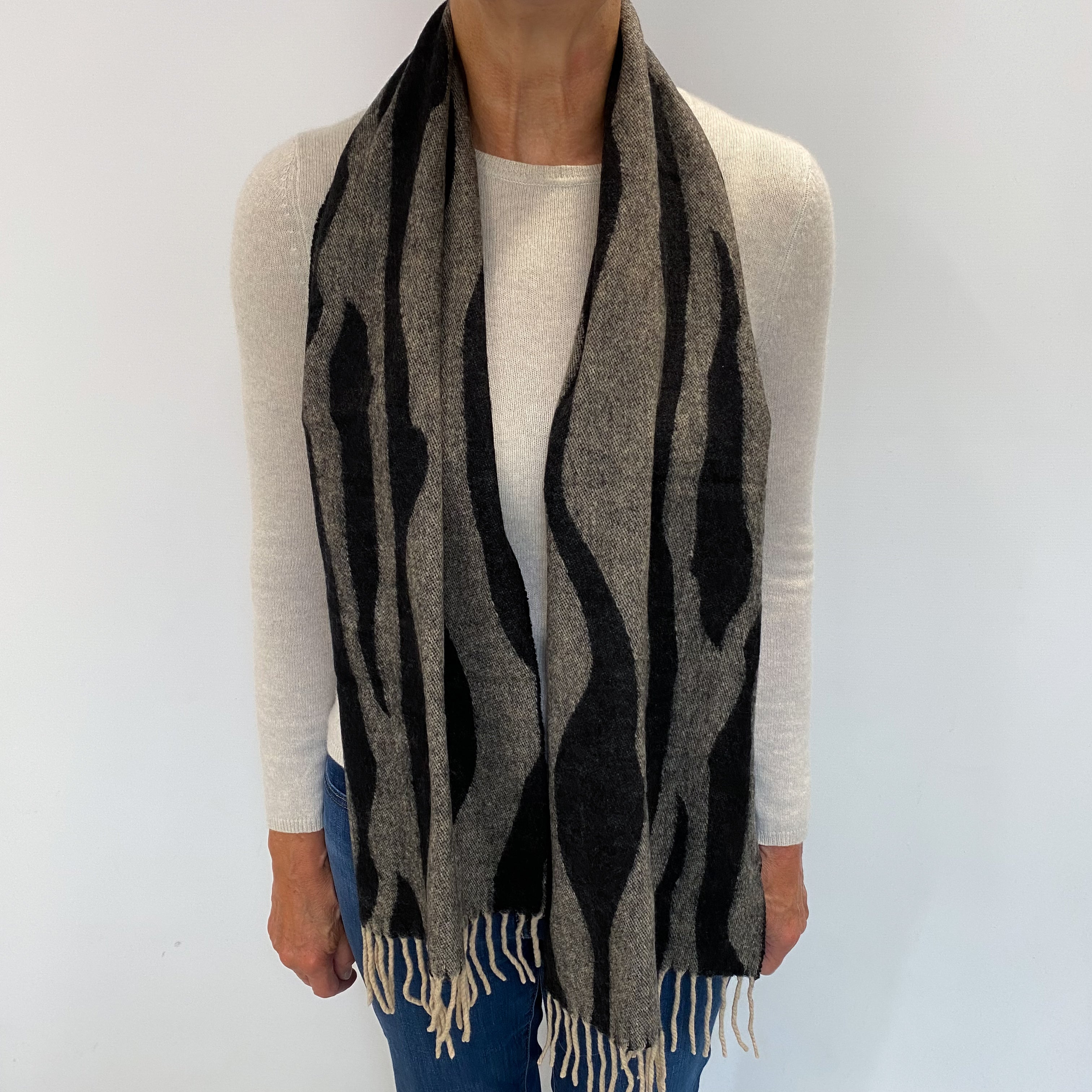 Charcoal and Beige Patterned Cashmere Woven Fringed Scarf