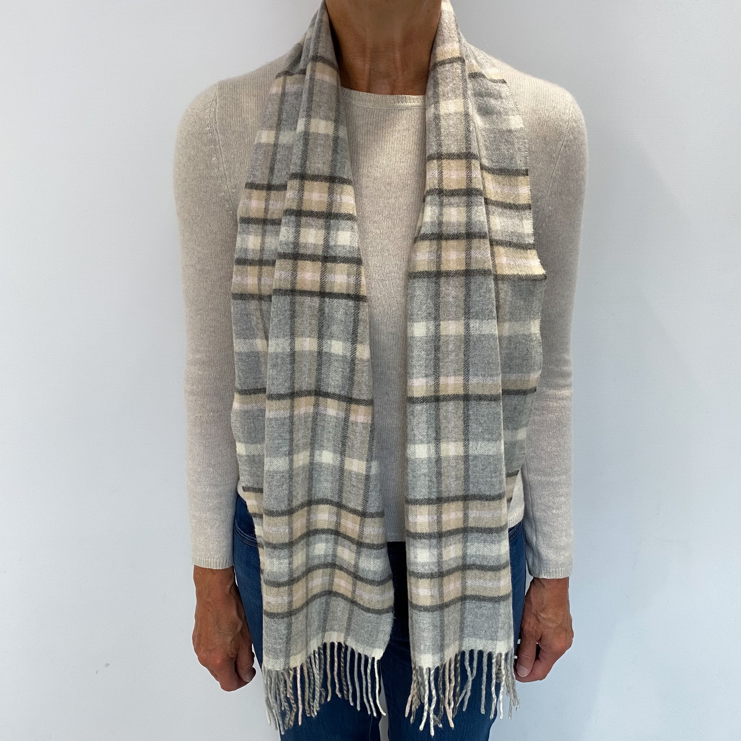 Grey and Beige Checked Cashmere Woven Fringed Scarf