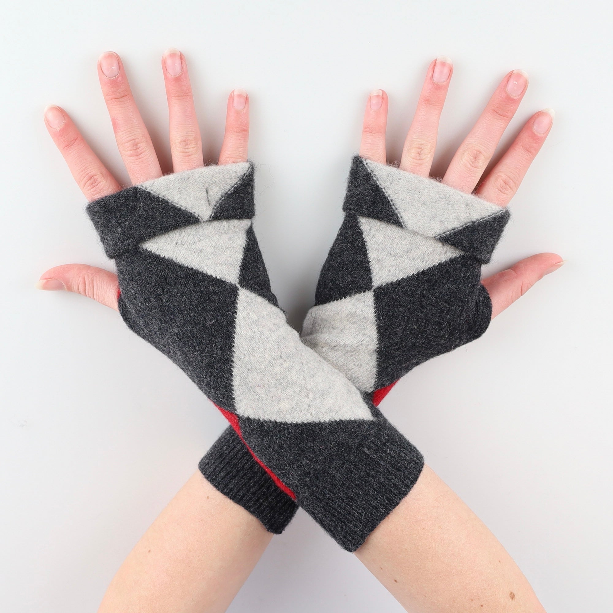 Charcoal Grey and Red Patterned Fingerless Gloves