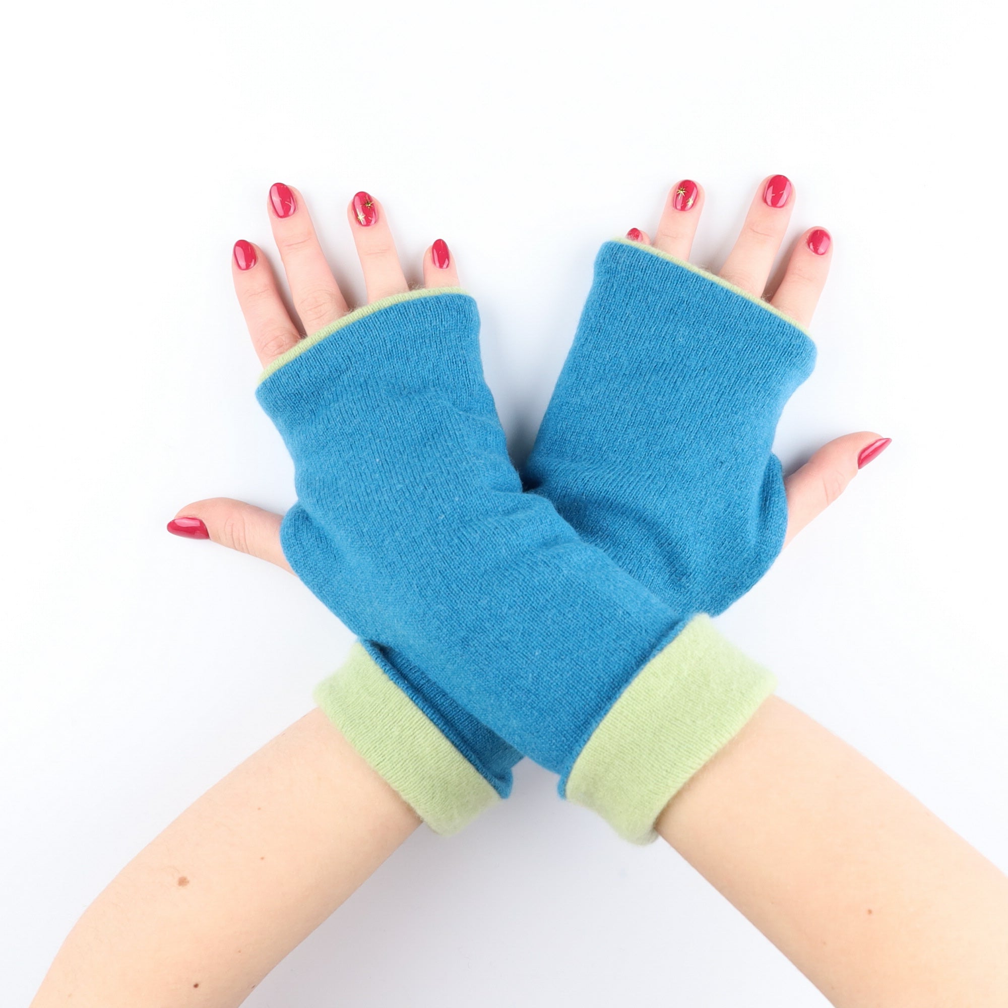 Turquoise and Soft Lime Luxury Reversible Cashmere Fingerless Gloves