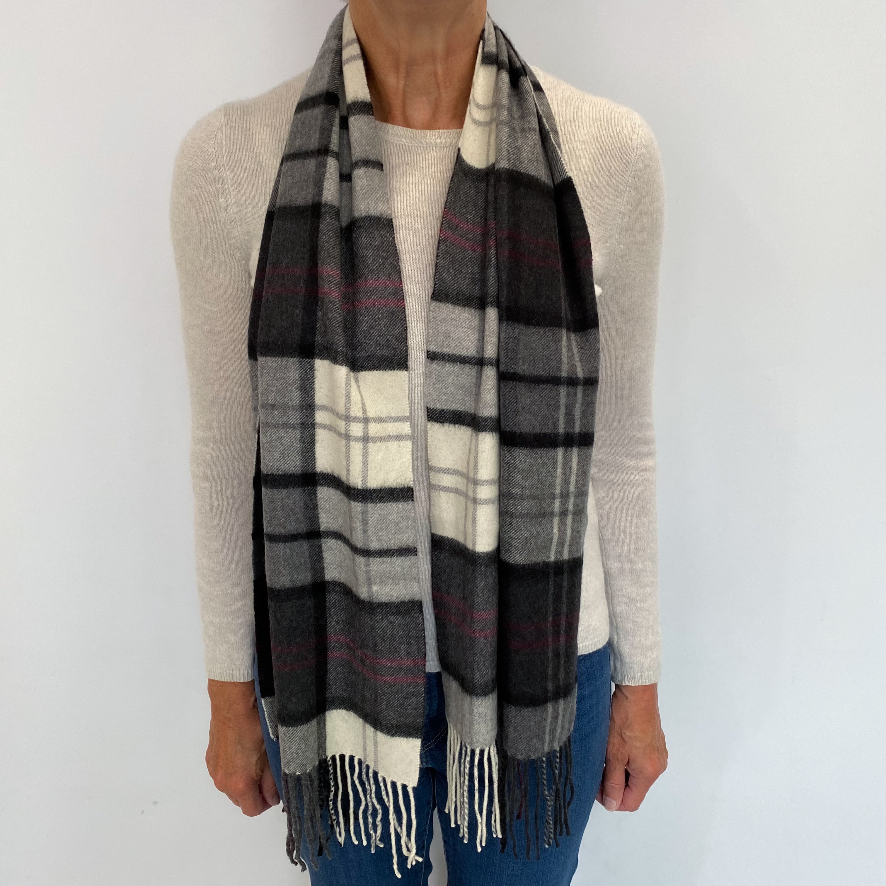 Grey Cream and Burgundy Checked Cashmere Woven Fringed Scarf