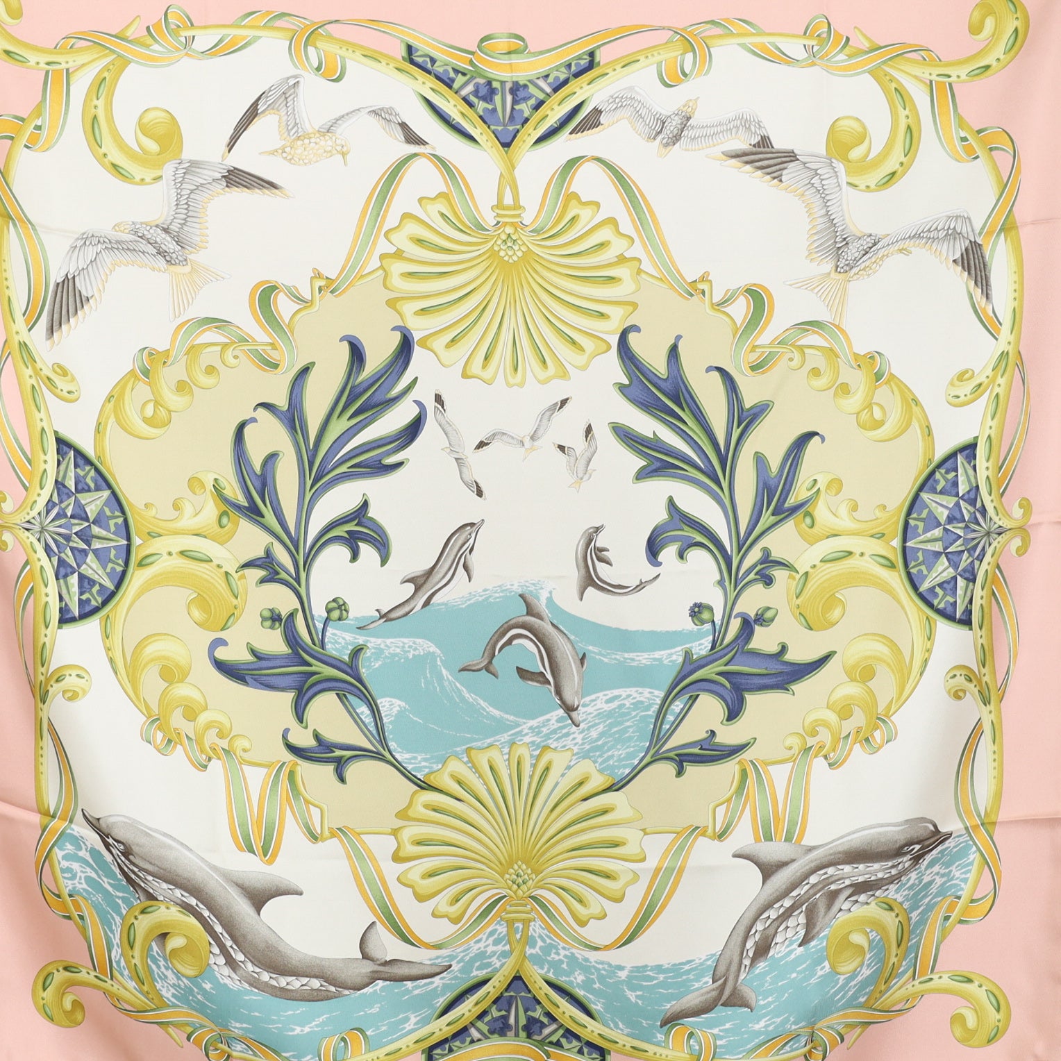 Boxed Salvatore Ferragamo Bird and Sea Theme Silk Scarf