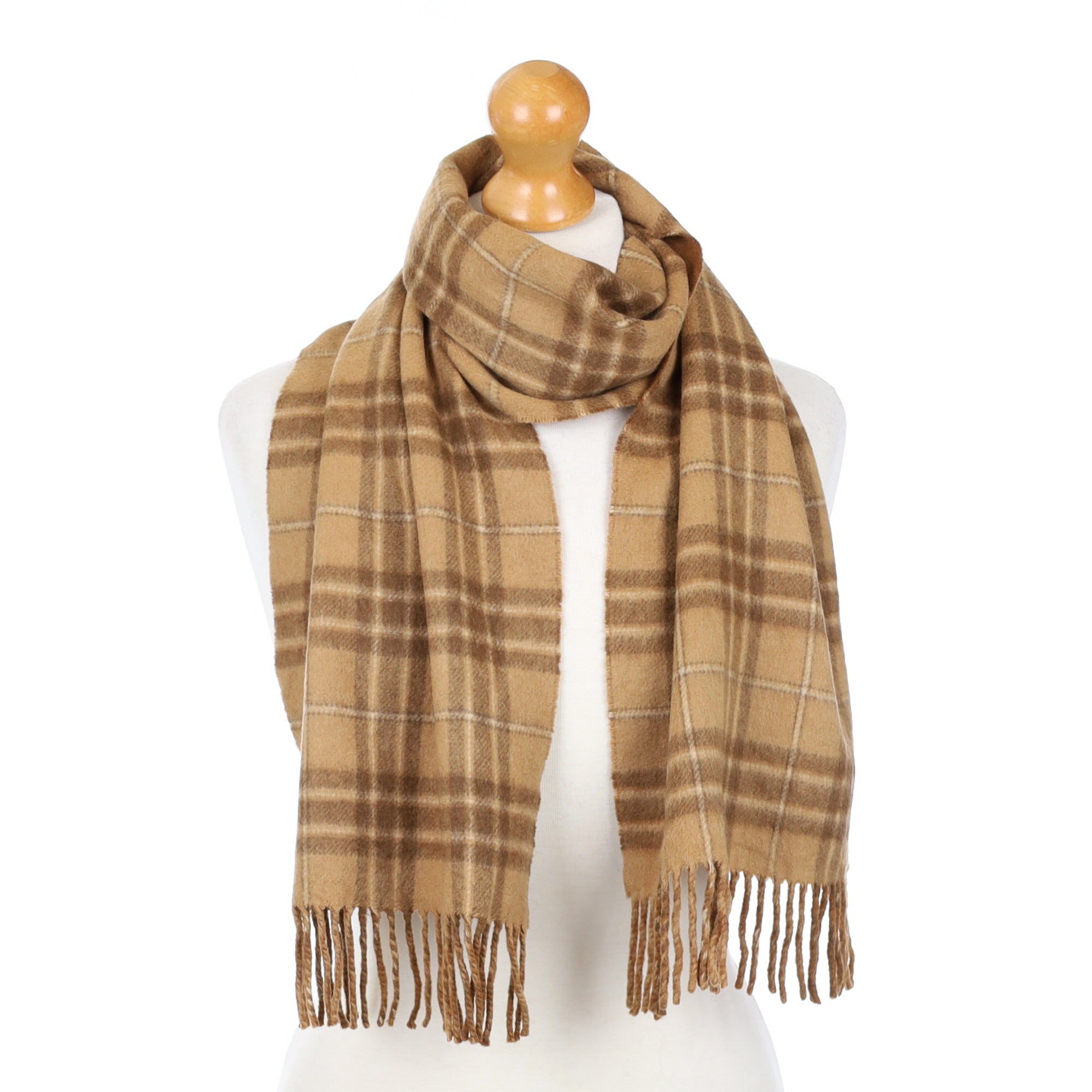 Butterscotch Brown Checked Fringed Cashmere Woven Scarf