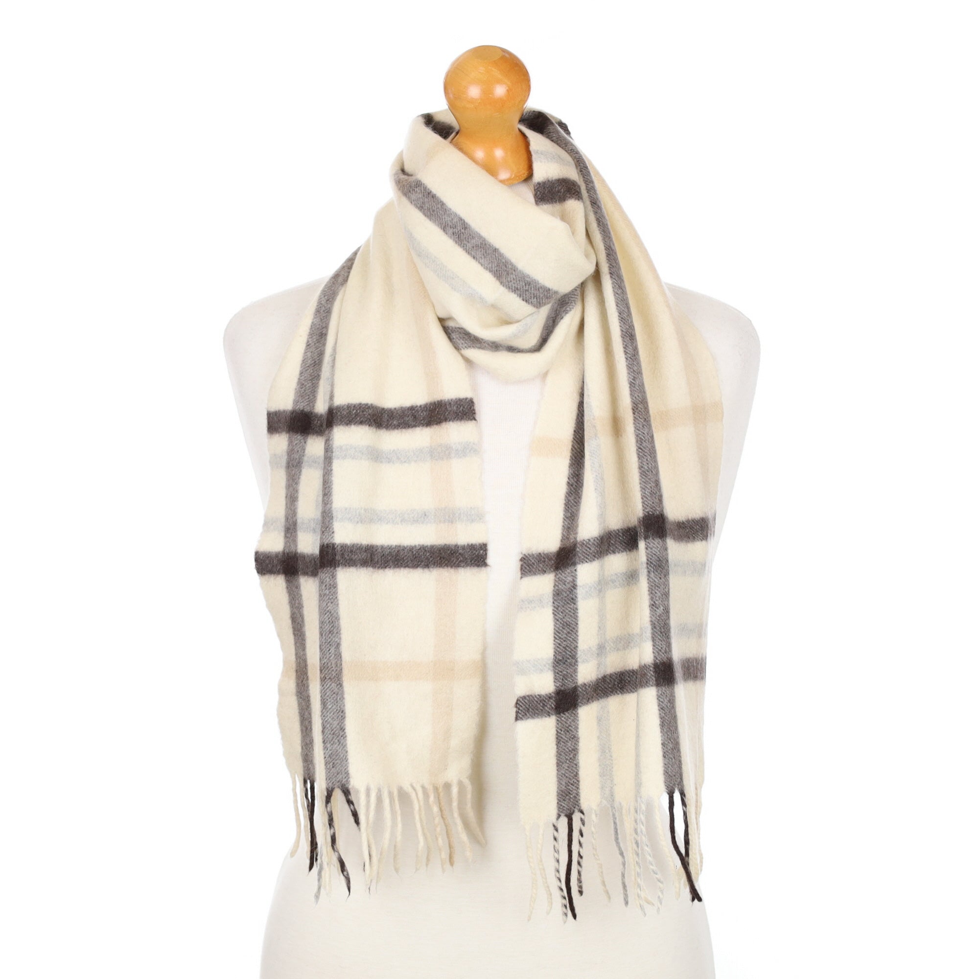 Winter White and Grey Checked Fringed Cashmere Woven Scarf