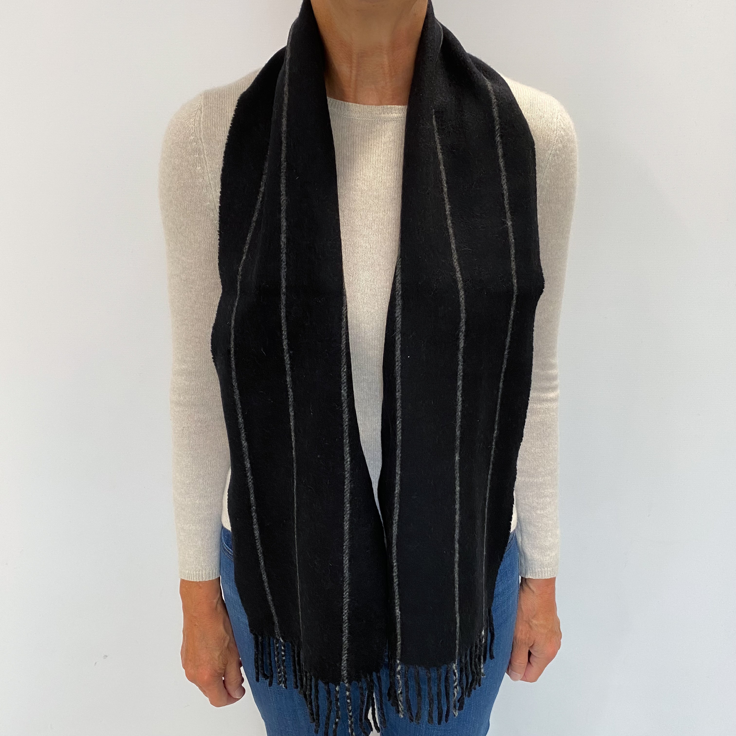 Black and Grey Striped Cashmere Woven Fringed Scarf