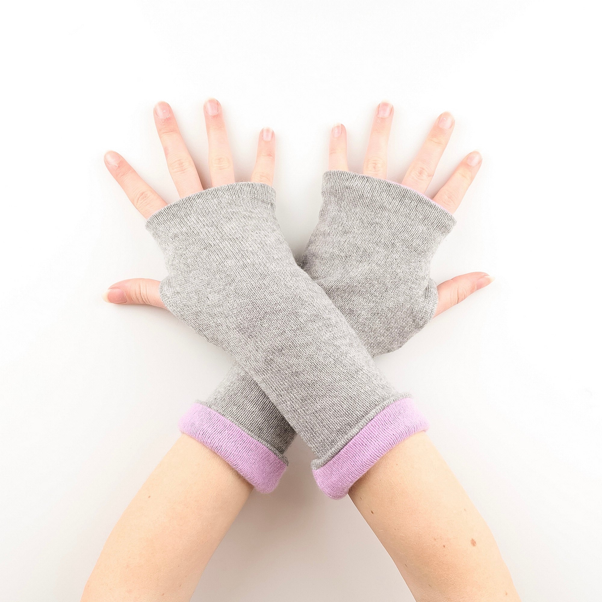 Lavender Purple and Grey Reversible Cashmere Fingerless Gloves