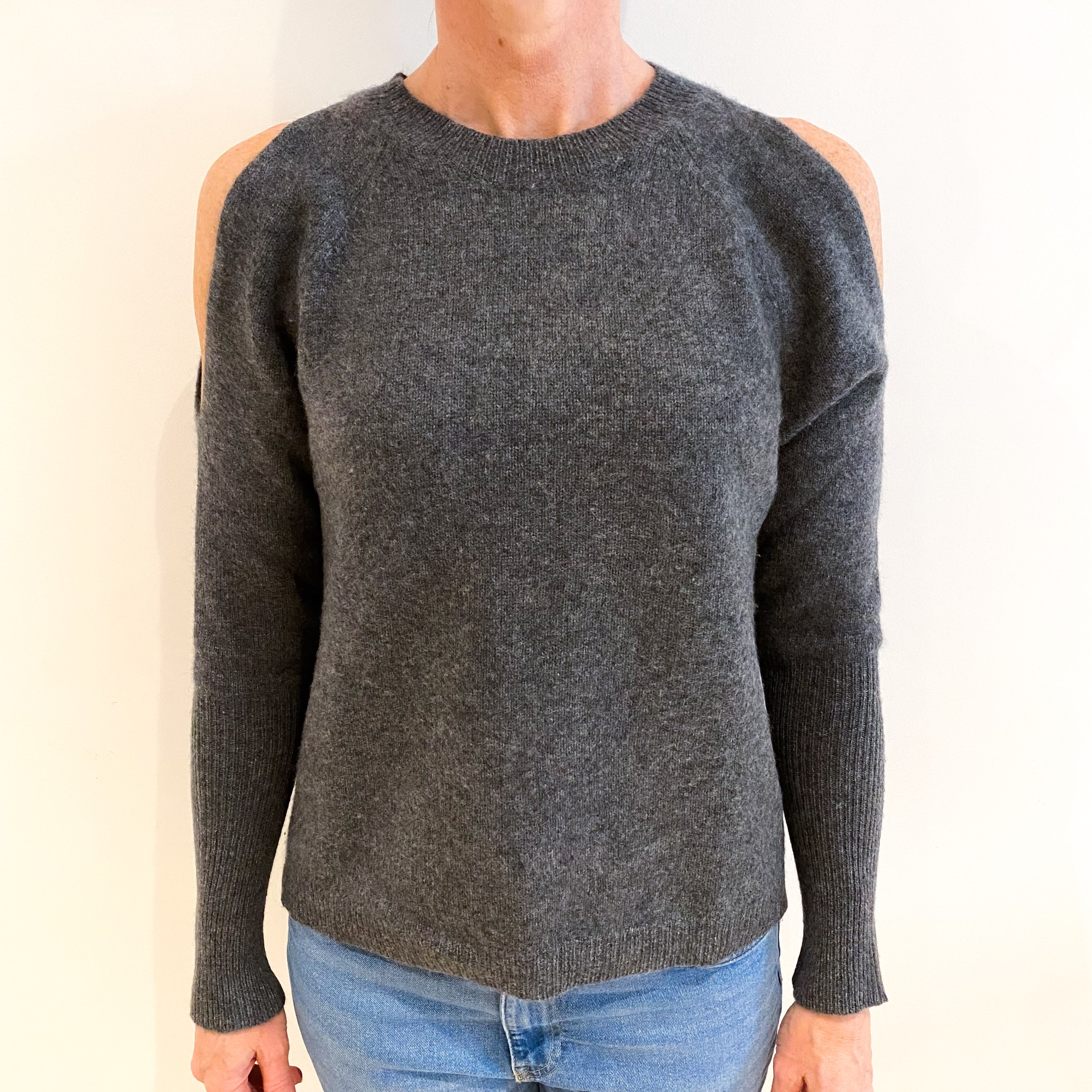 Slate Grey Open Shoulder Cashmere Crew Neck Jumper Small