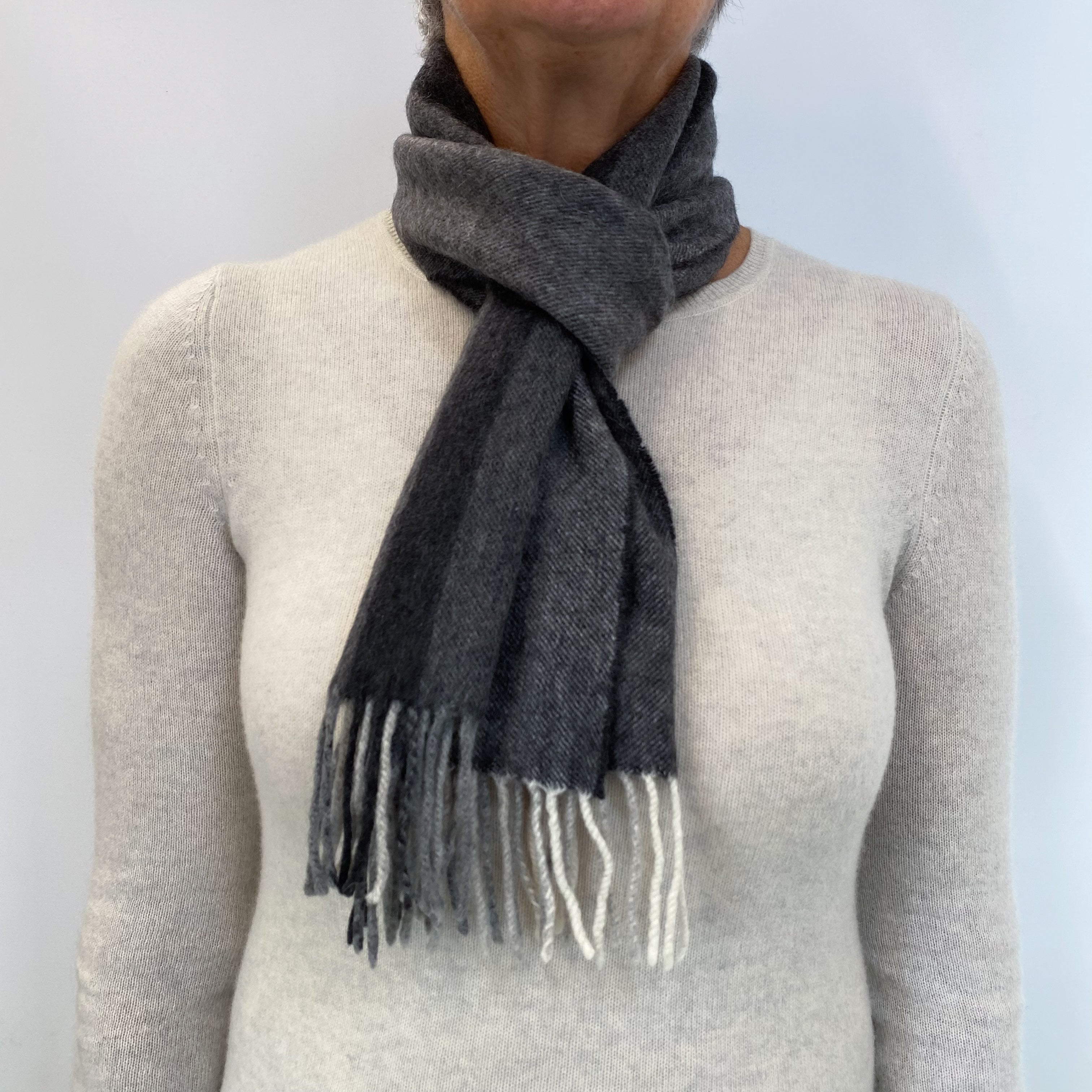 Slate Grey and Cream Fringed Cashmere Woven Scarf