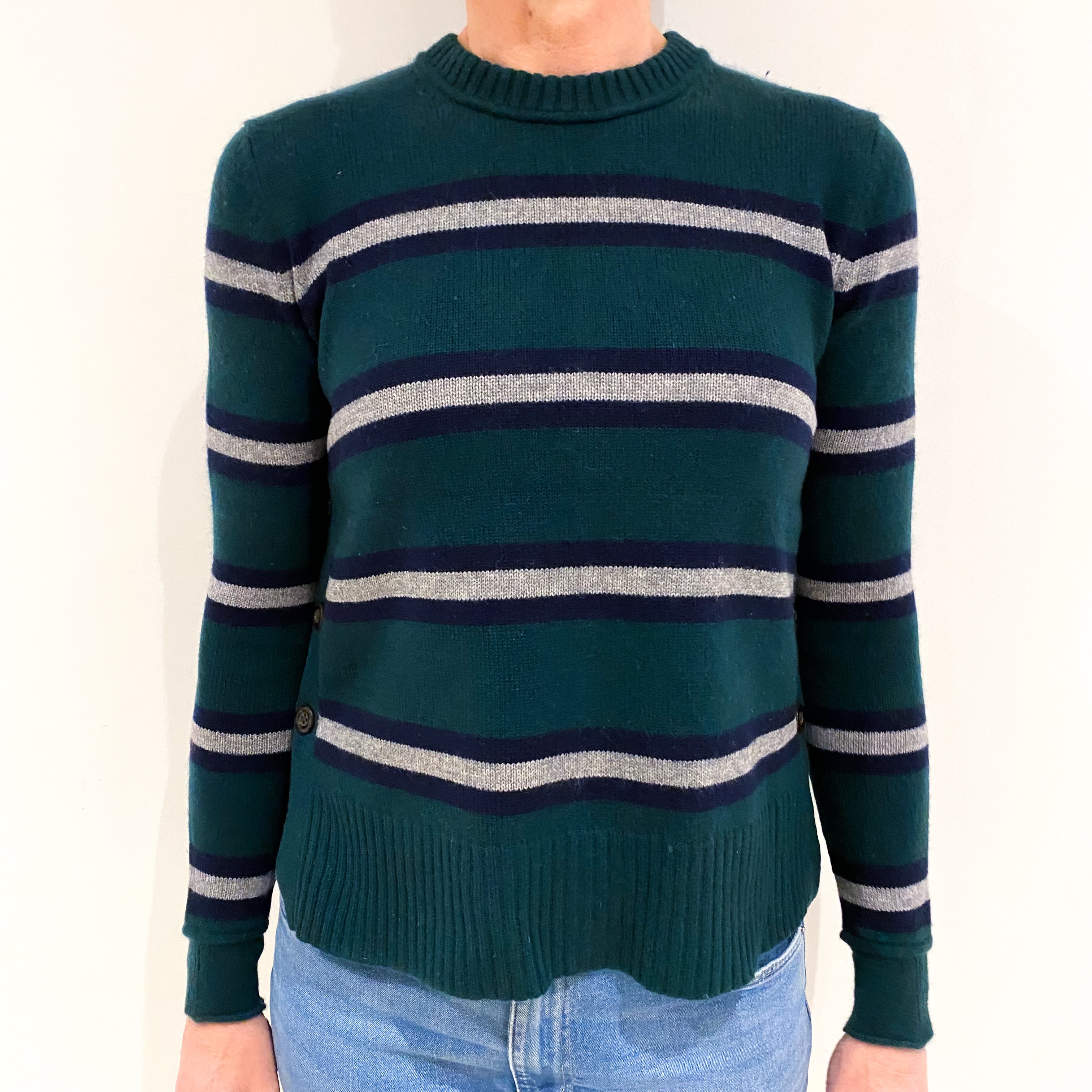 Racing Green With Navy And Grey Stripes Cashmere Crew Neck Jumper Small