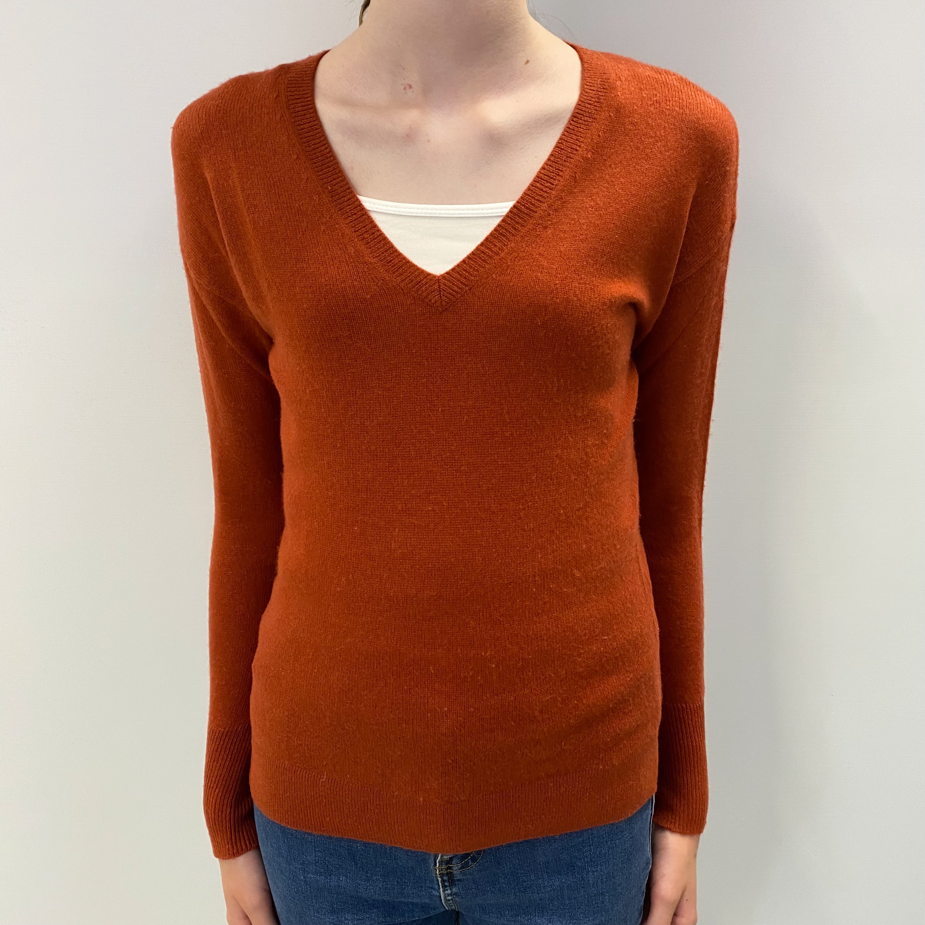 Brick Red Cashmere V Neck Jumper Extra Small