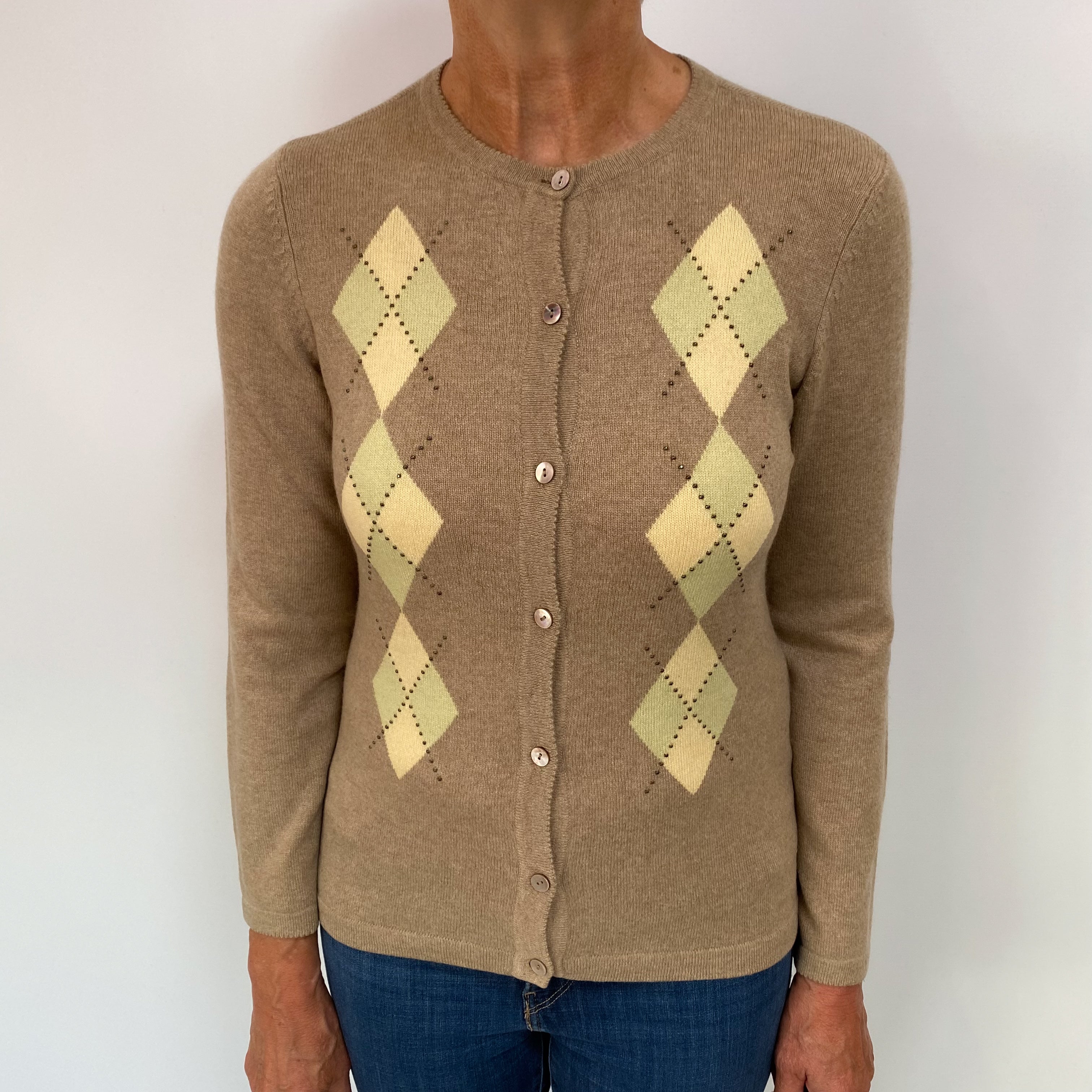 Fawn Beige Argyle Cashmere Crew Neck Cardigan Medium