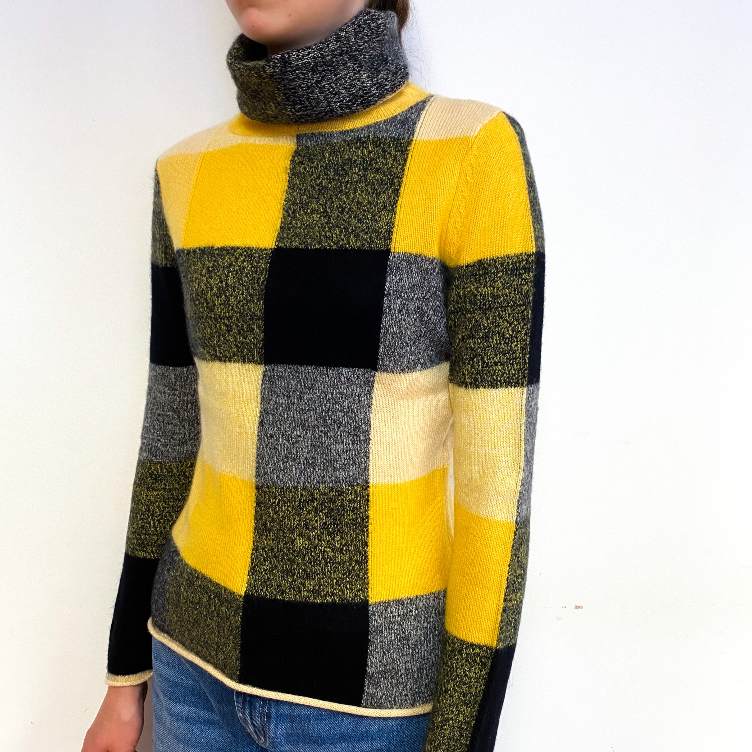 Yellow Black Checked Cashmere Polo Neck Jumper Extra Small