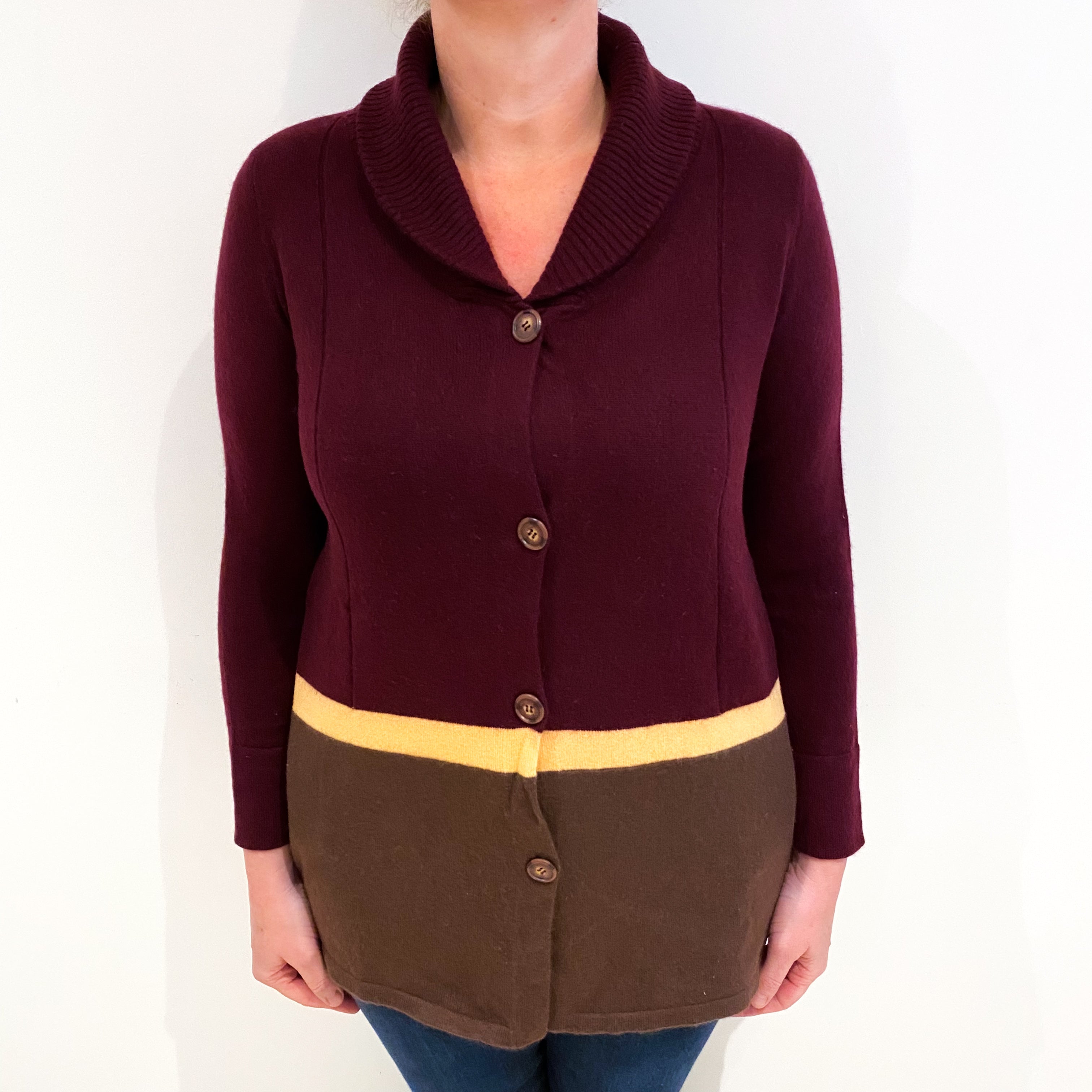 Wine Red Colour Block Cashmere Collared Cardigan with Pockets Large