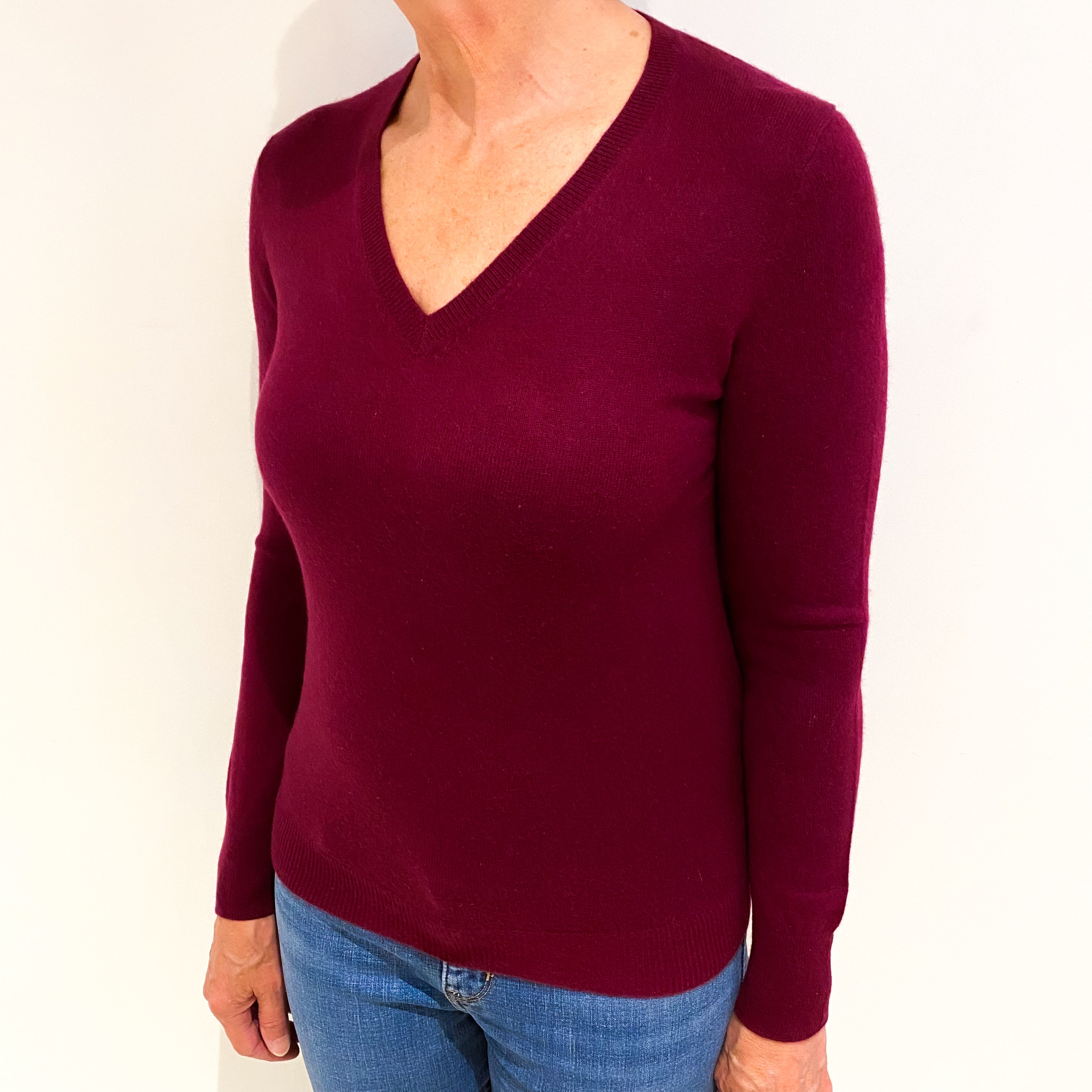 Wine Red Cashmere V Neck Jumper Medium