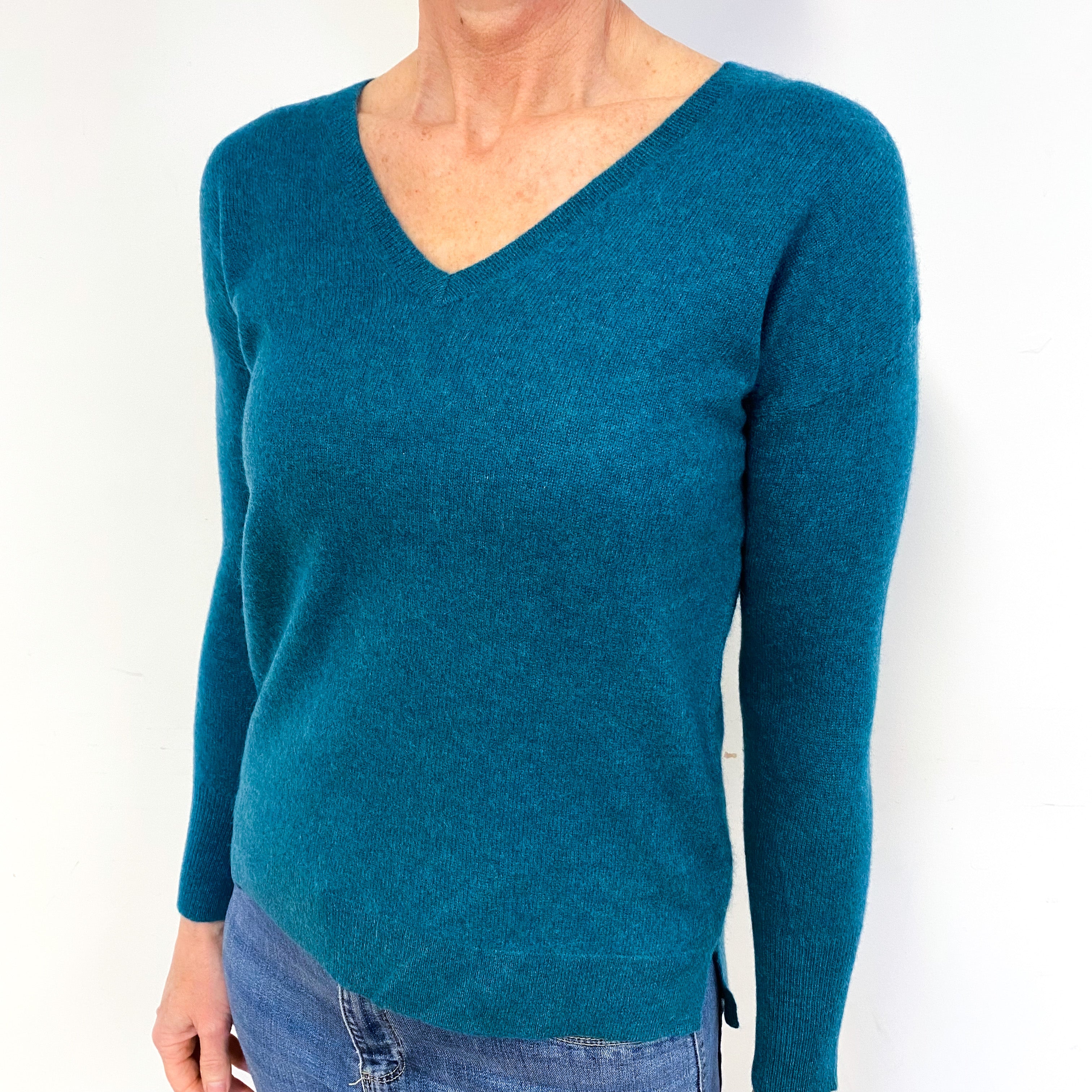 Petrol Blue Cashmere V-Neck Jumper Medium Petite