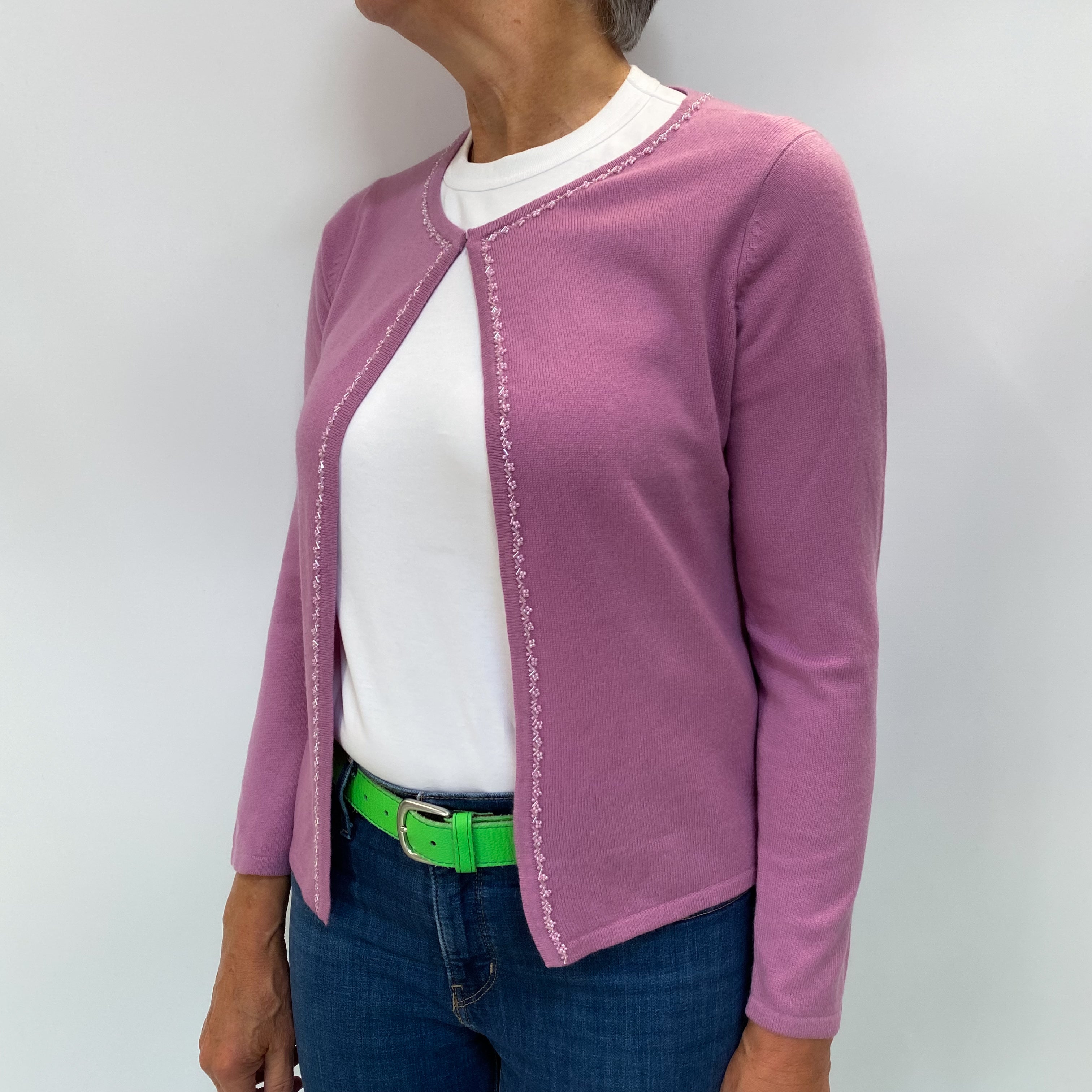 Mauve Pink Cashmere Crew Neck Cardigan Medium