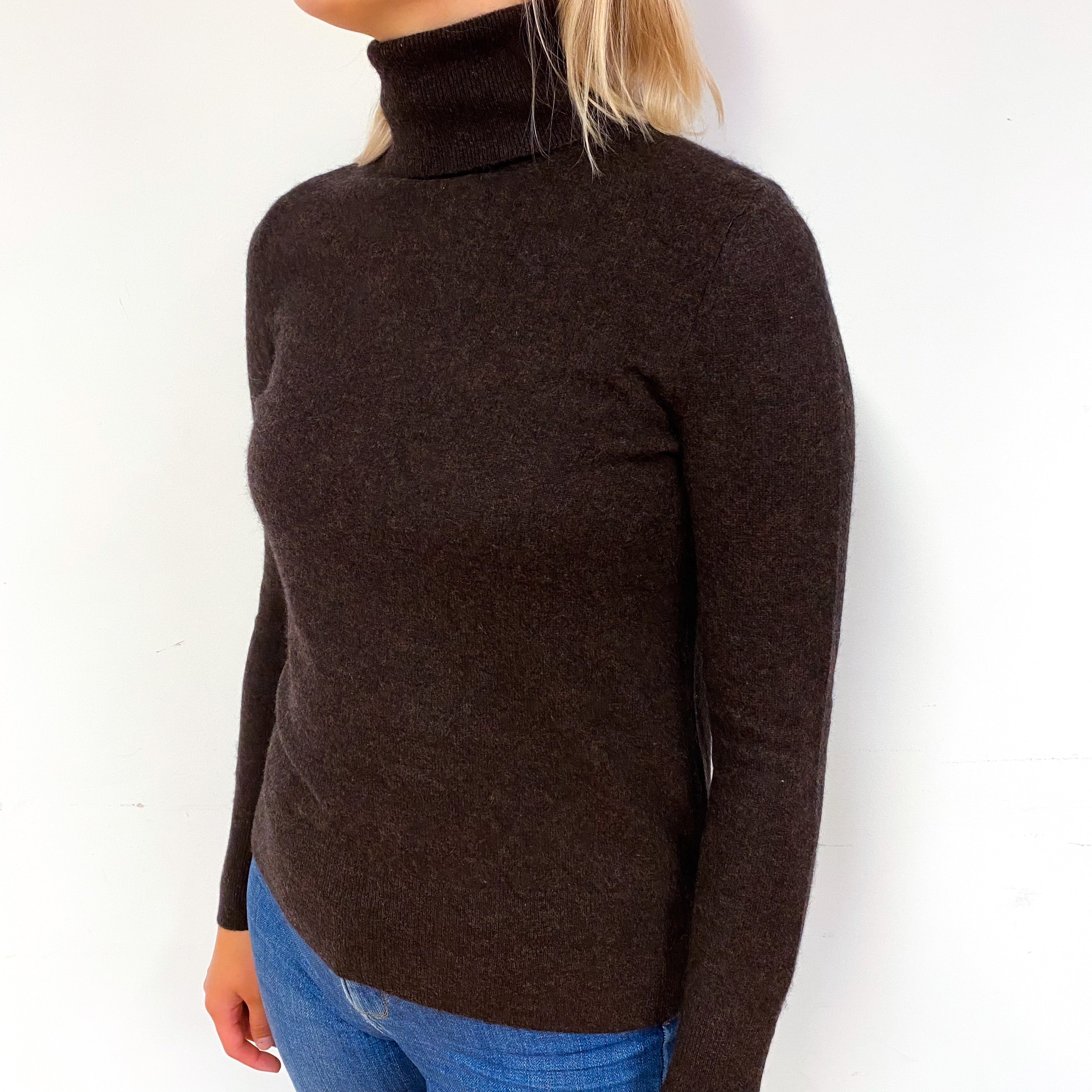 Umber Brown Cashmere Polo Neck Jumper Small