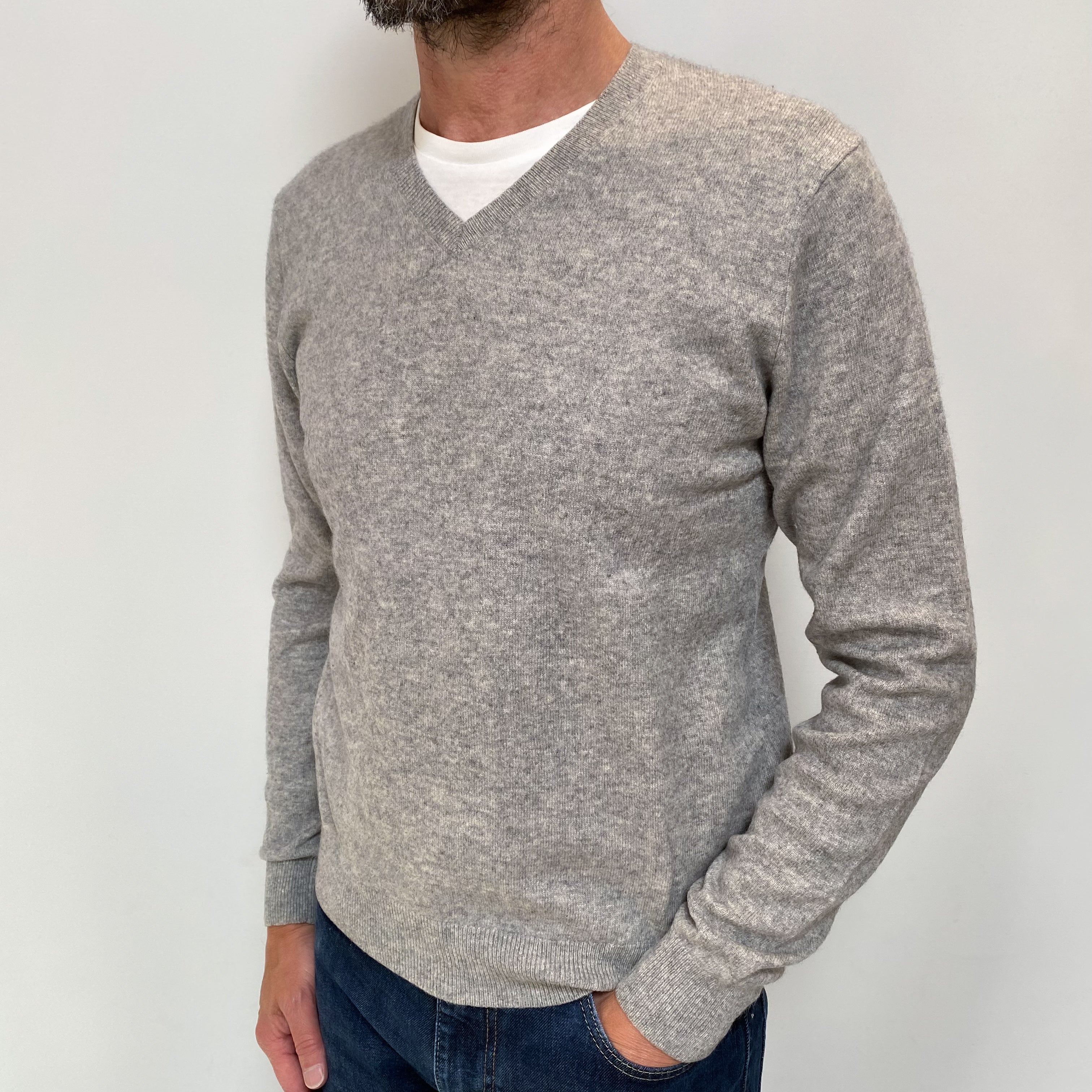 Men's Smoke Grey Cashmere V Neck Jumper Small