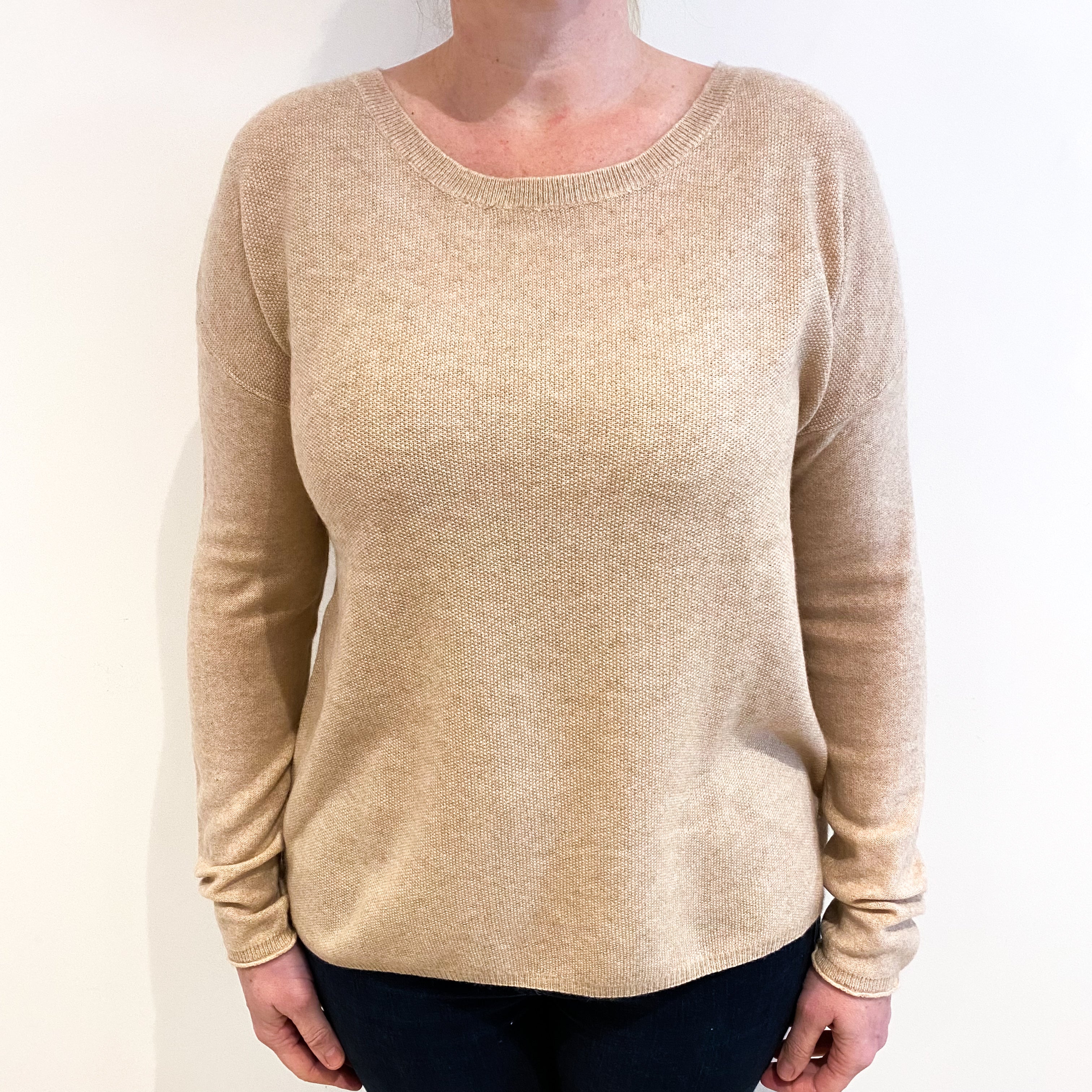 Buff Beige Textured Cashmere Scoop Neck Jumper Large