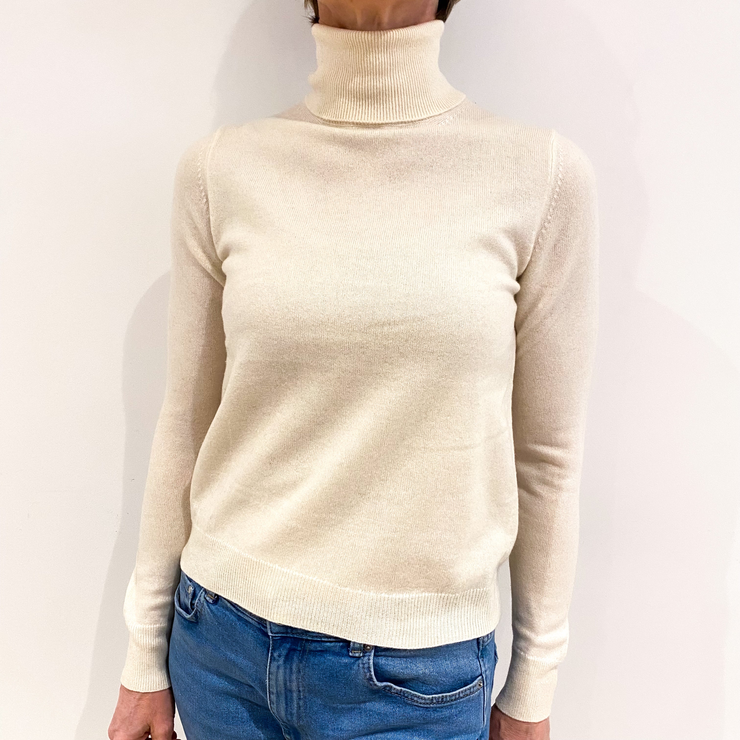 Vanilla Cream Cashmere Polo Neck Jumper Small