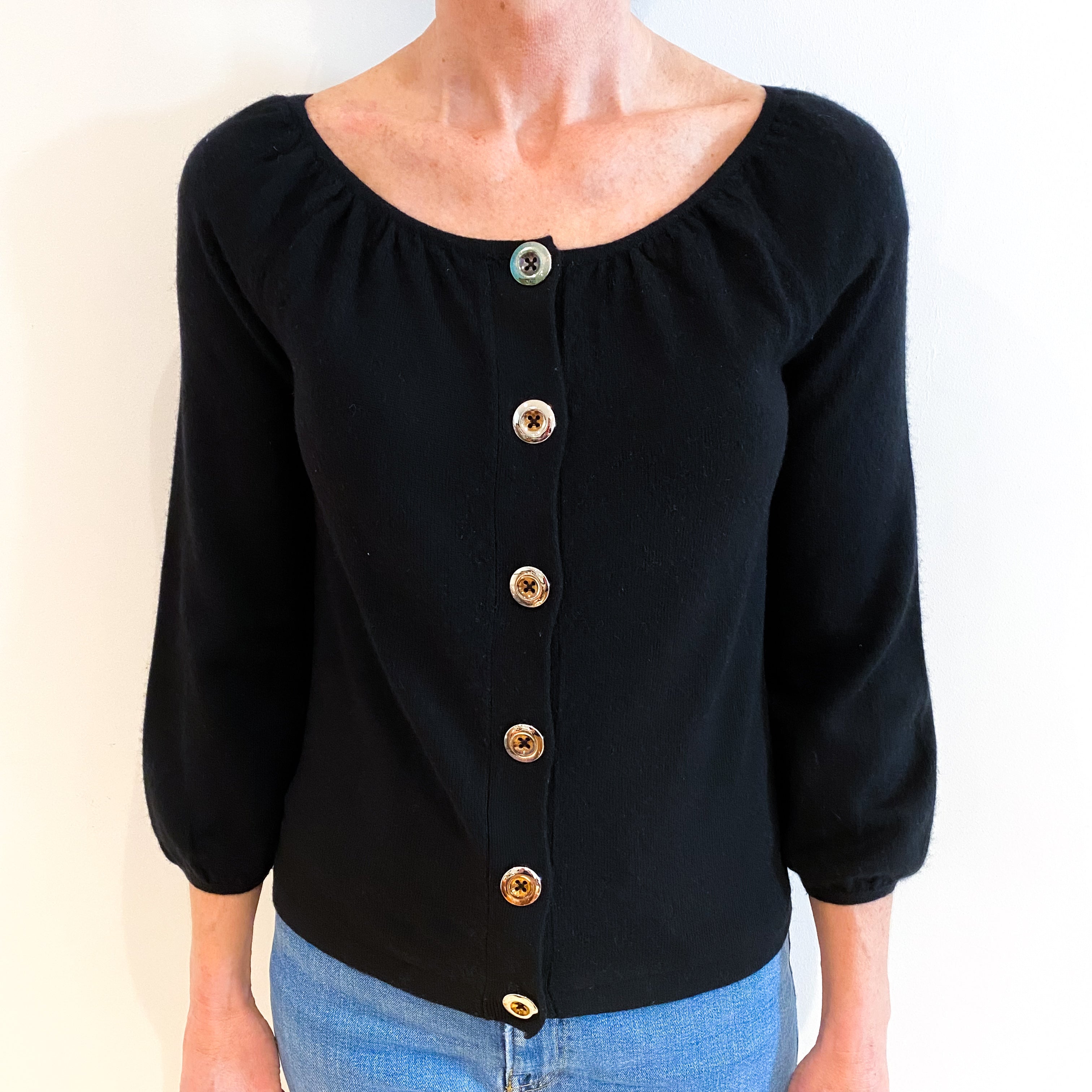 Black Cashmere Scoop Ruched Neck Cardigan Small