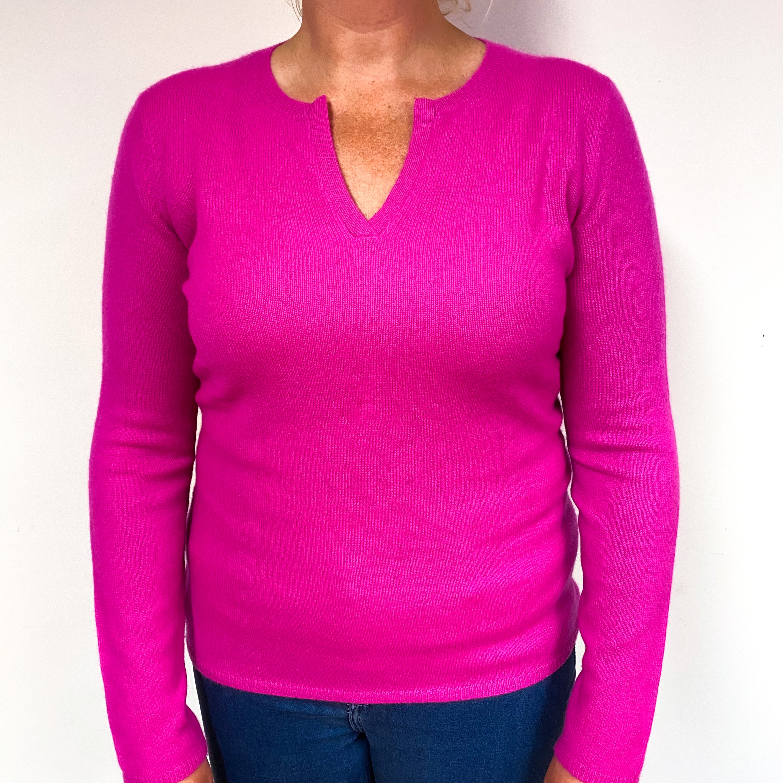 Hot Pink Cashmere Notch Neck Jumper Large