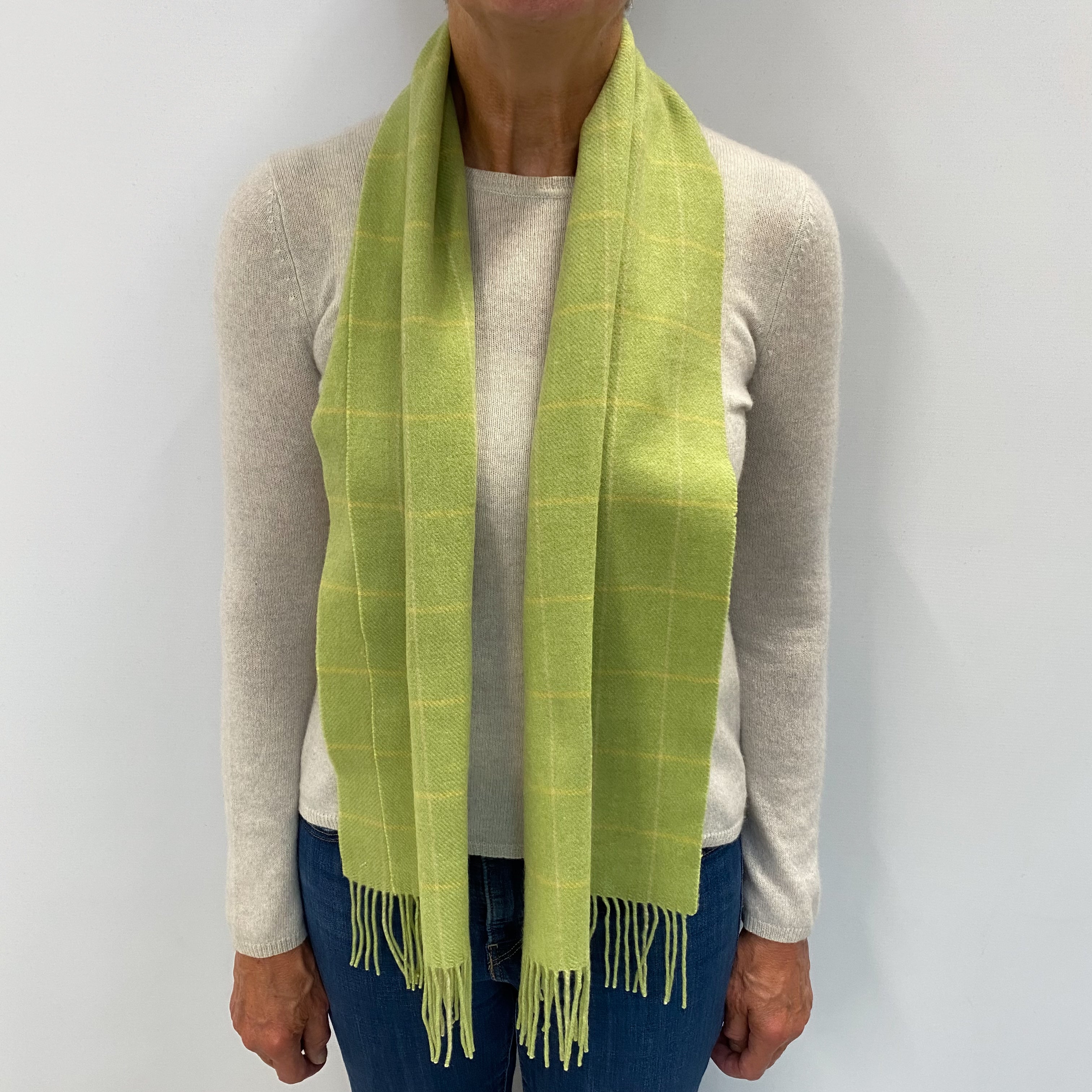 Lime Green Checked Cashmere Woven Fringed Scarf