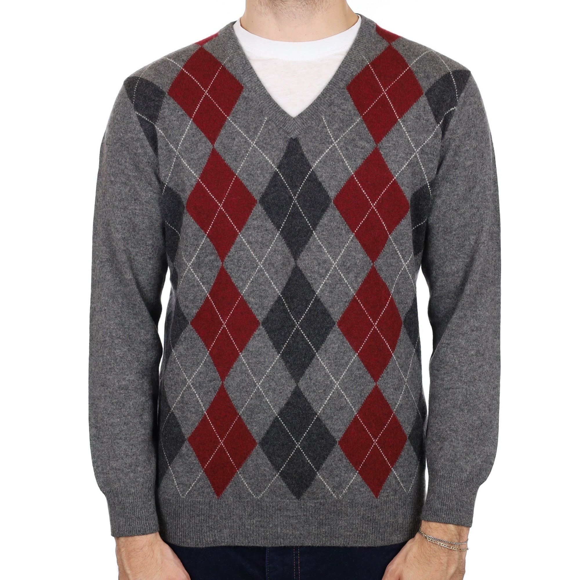 Men's Slate Grey Argyle Cashmere V Neck Jumper Large