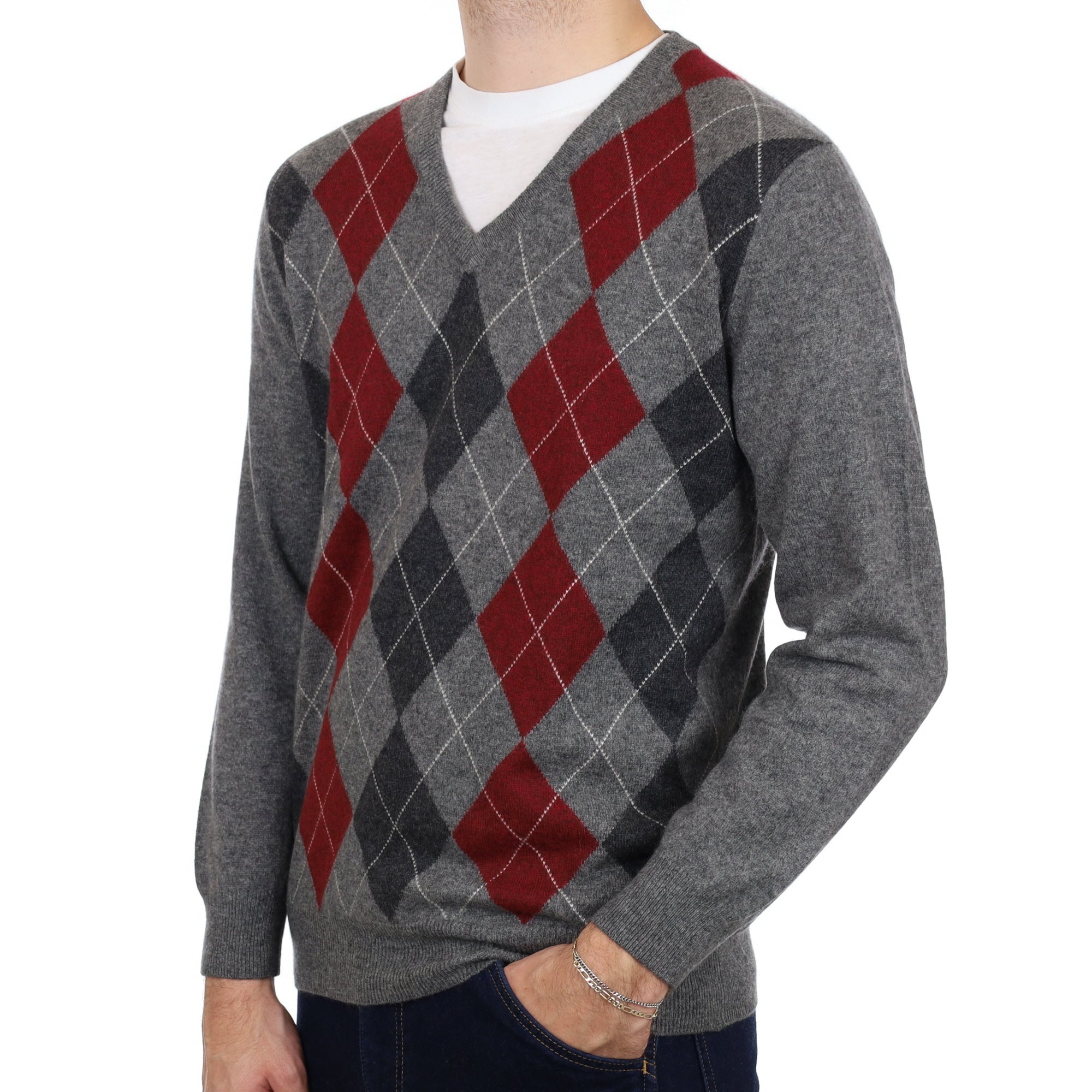 Men's Slate Grey Argyle Cashmere V Neck Jumper Large