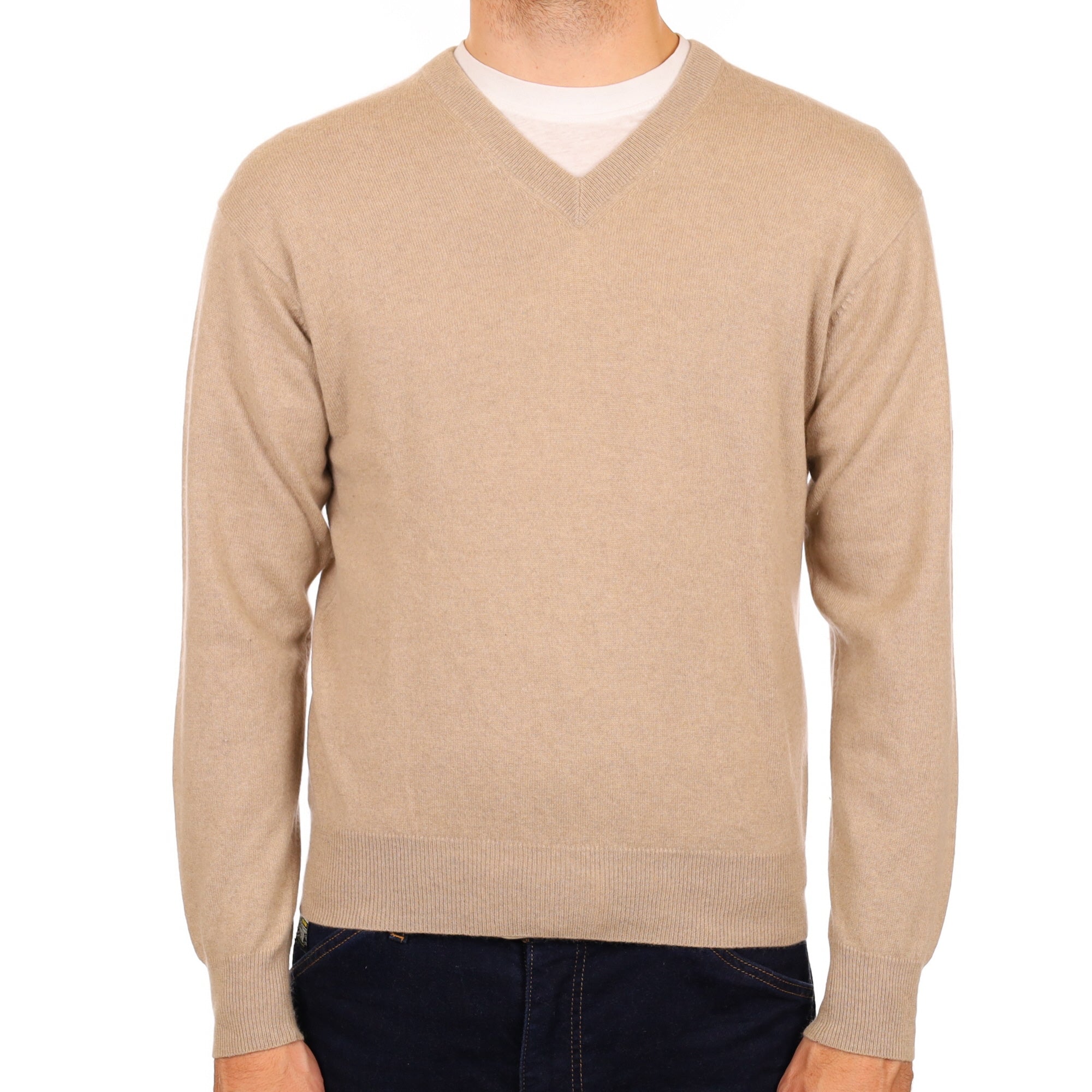 Men's Fawn Beige Cashmere V Neck Jumper Medium