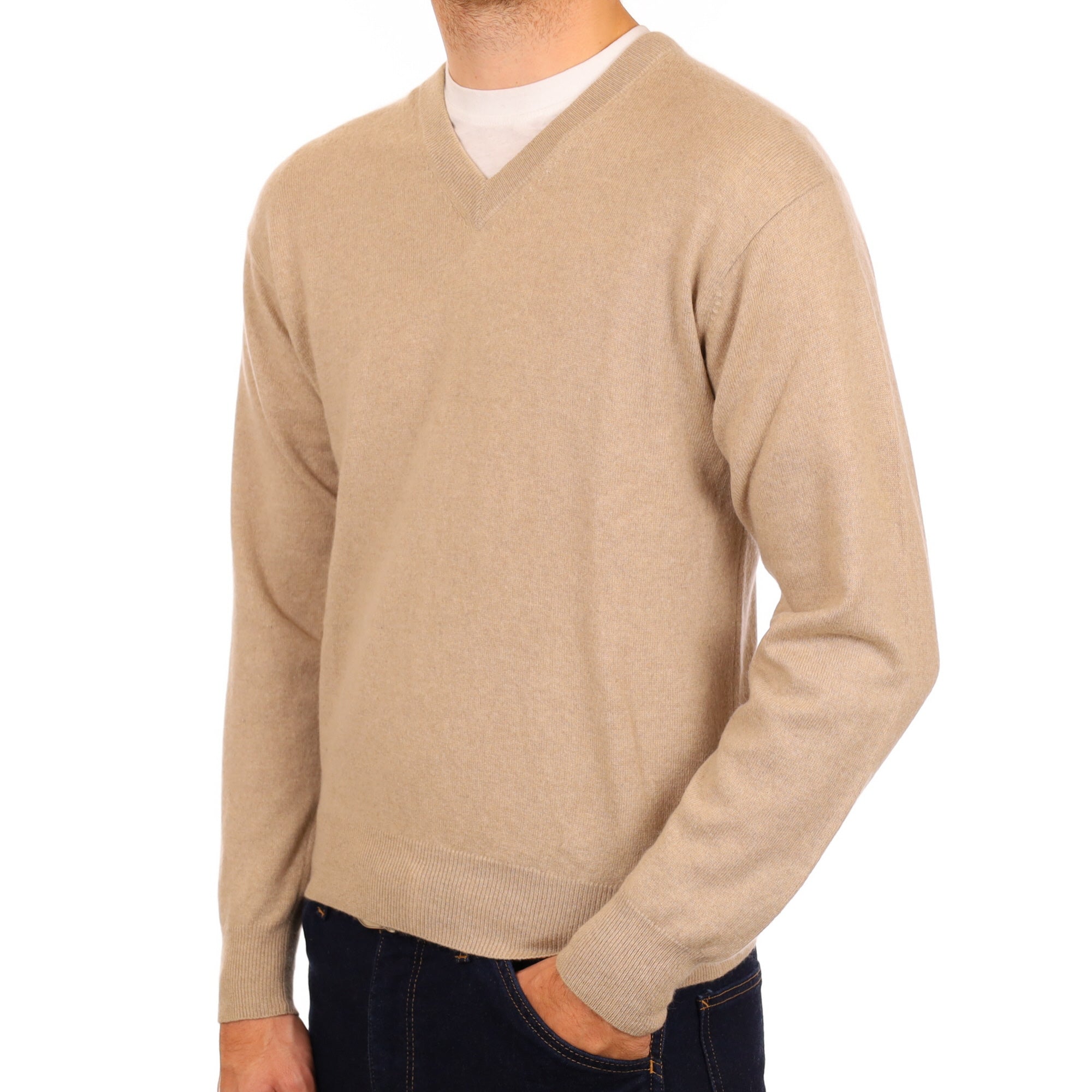 Men's Fawn Beige Cashmere V Neck Jumper Medium